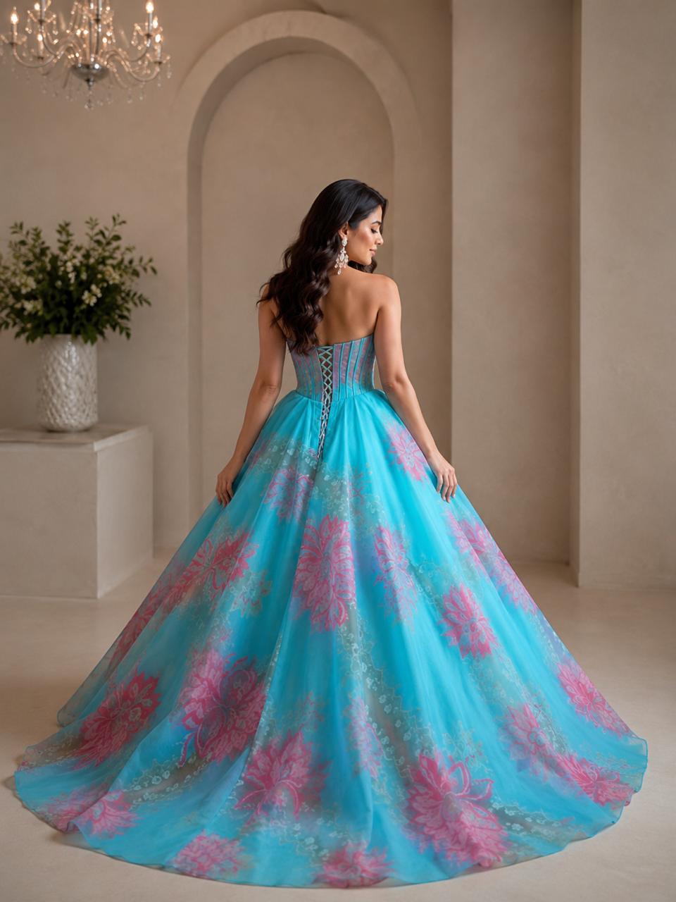MyFashion -LIB26009 Dreamy Aqua Blue Floral Organza Ball Gown