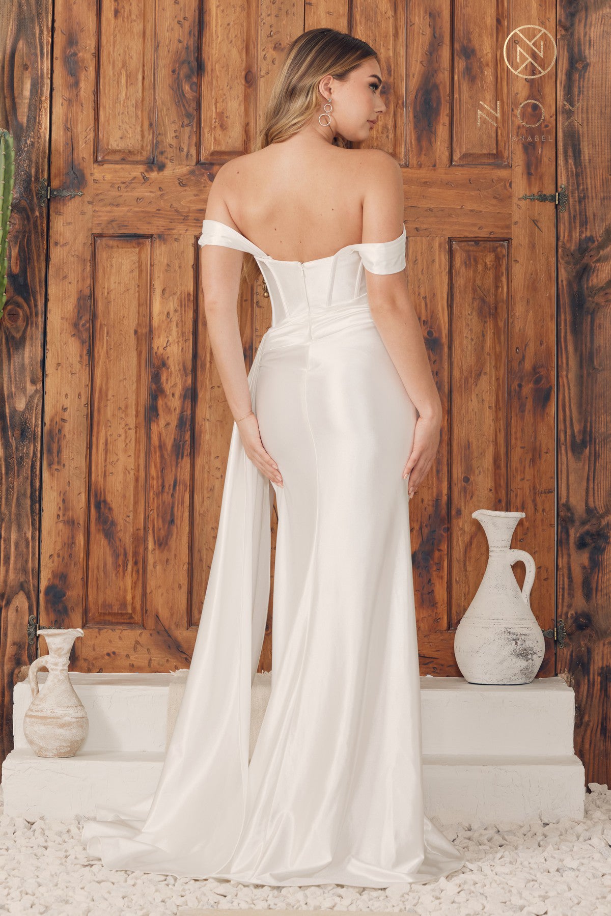 Clearance Sale Off Shoulder Satin Corset Gown By Nox Anabel -E1043WCL