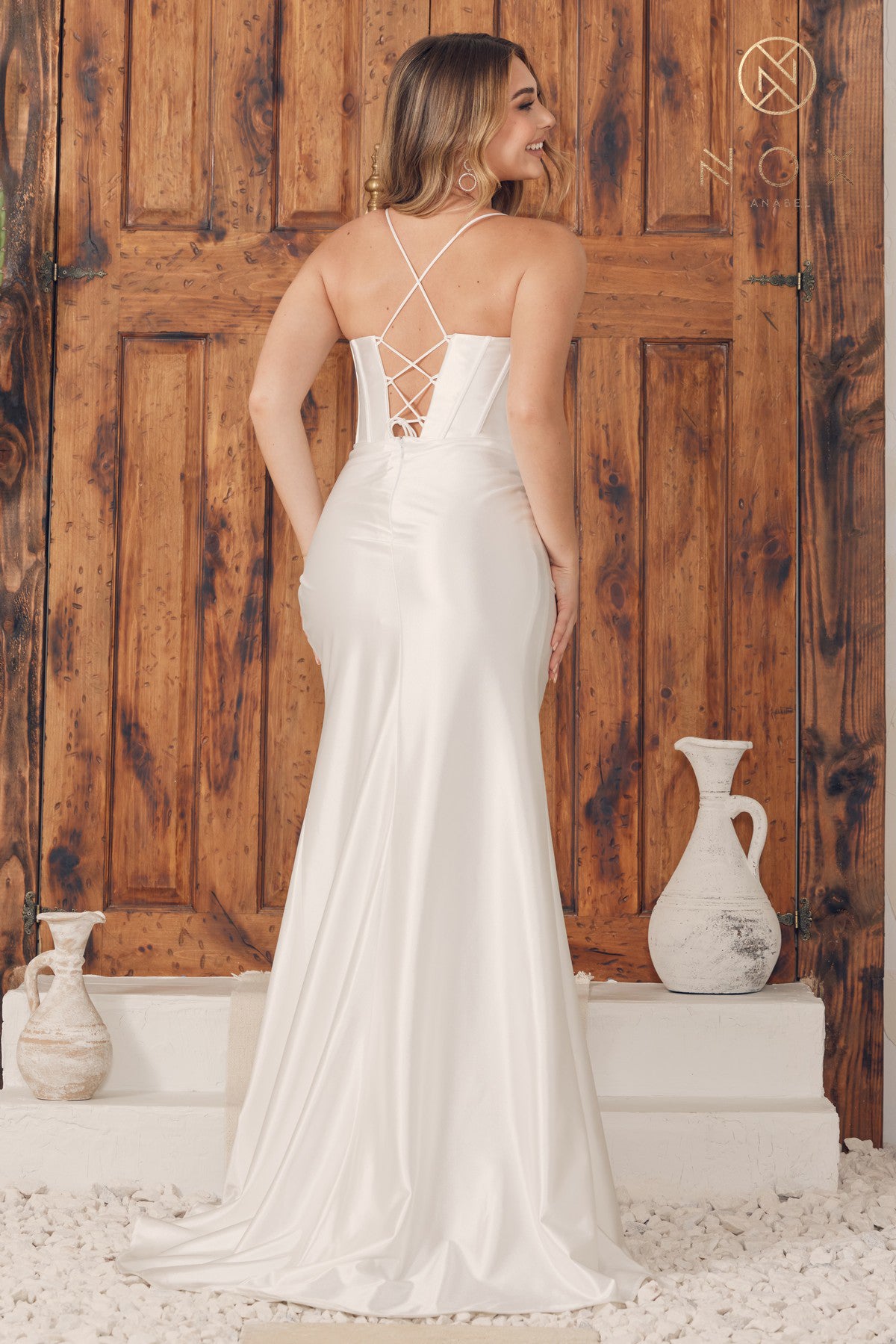 Sleeveless Corset Cowl Satin Gown By Nox Anabel -E1042W
