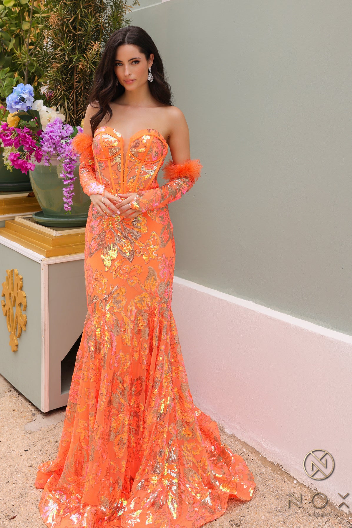 Nox Anabel -D1269 Sweetheart Sequin Mermaid Dress With Feather Sleeve