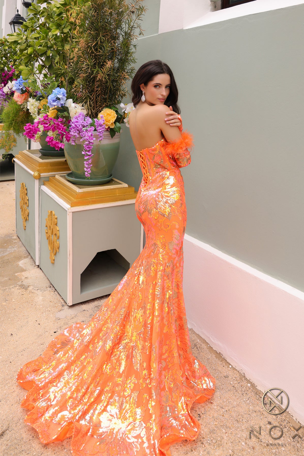 Nox Anabel –D1269 Sweetheart Sequin Mermaid Dress With Feather Sleeve