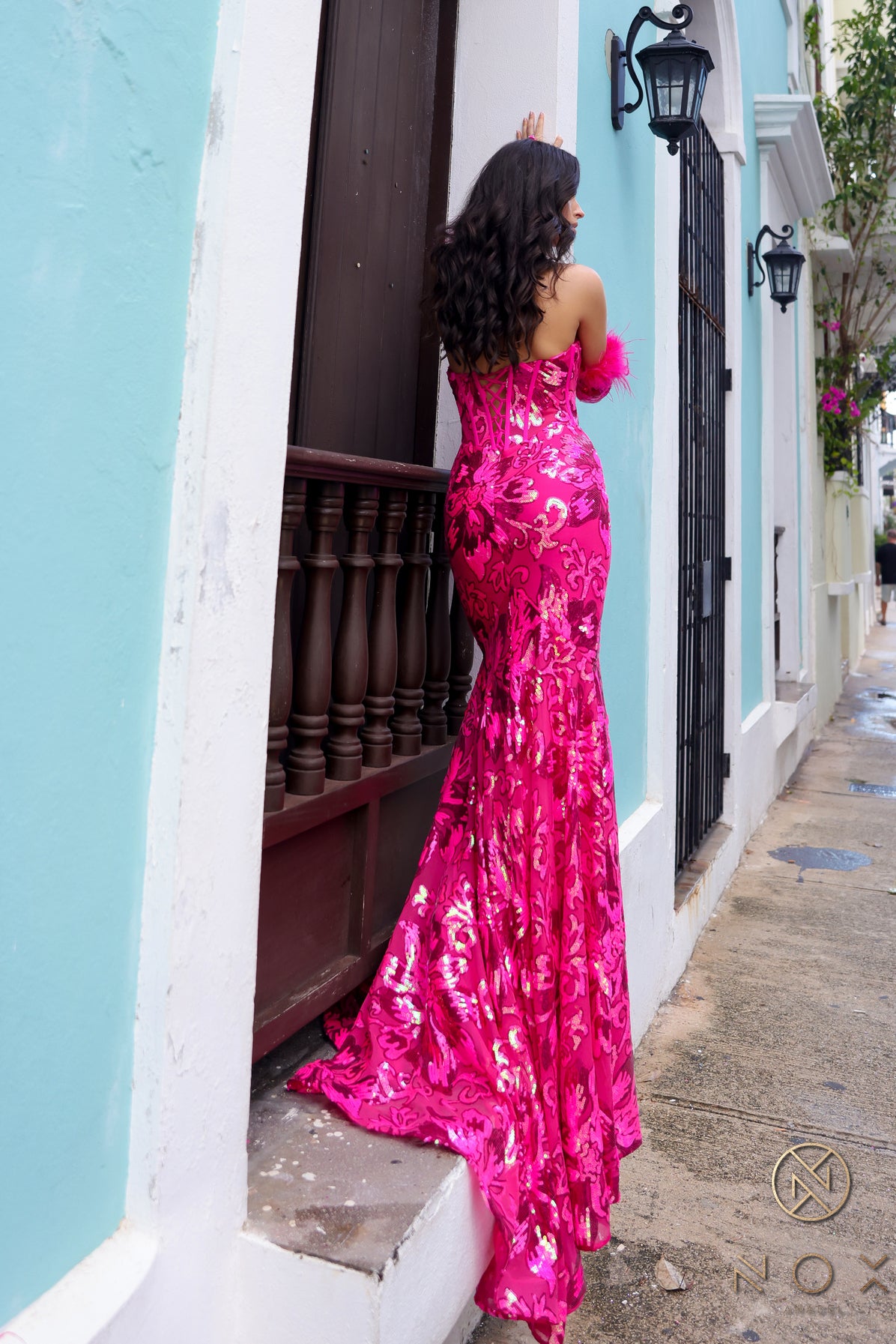 Nox Anabel -D1269 Sweetheart Sequin Mermaid Dress With Feather Sleeve