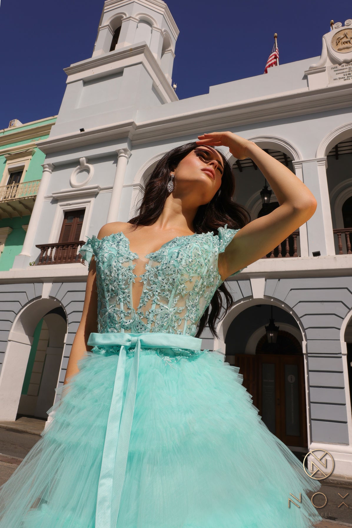 Nox Anabel -E1293 Off-Shoulder Layered Tulle Prom Dress