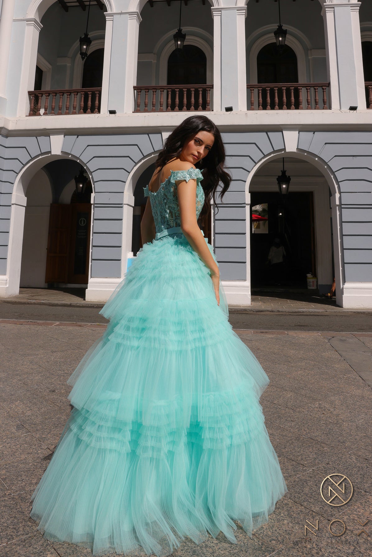 Nox Anabel -E1293 Off-Shoulder Layered Tulle Prom Dress