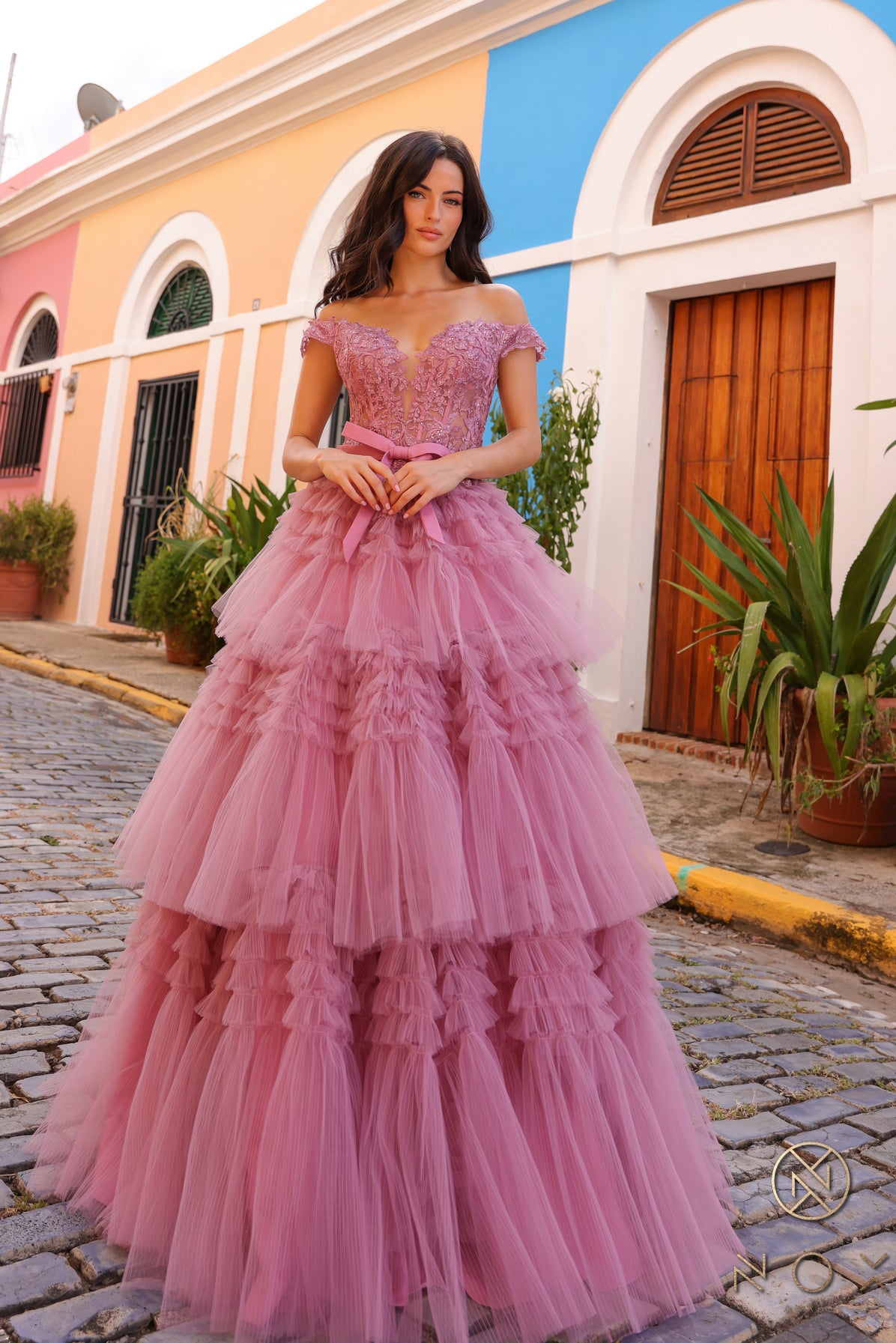 layered tulle prom dress Nox Anabel -E1293 Off-Shoulder Layered Tulle Prom Dress 14 / MAUVE