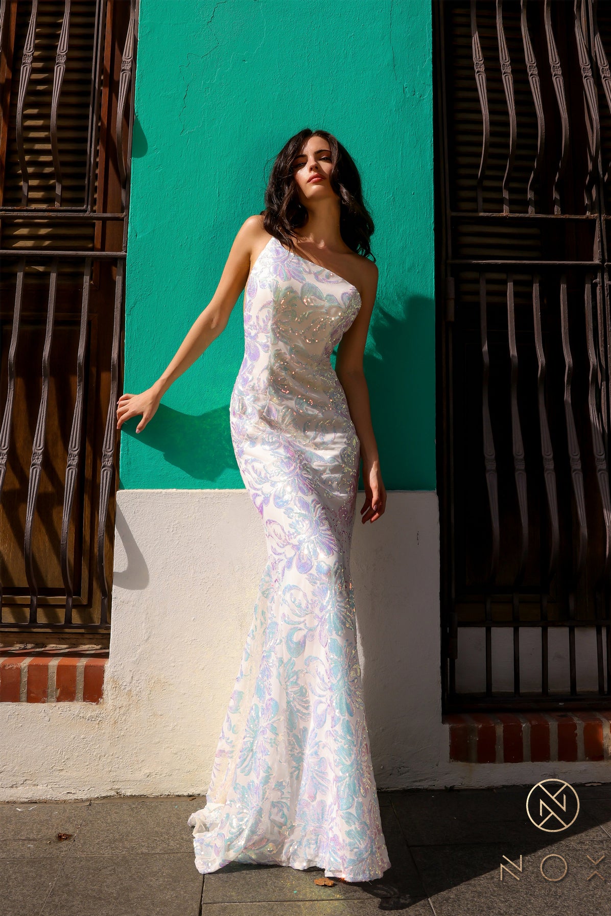 Nox Anabel –R1308 One Shoulder Floral Sequin Dress