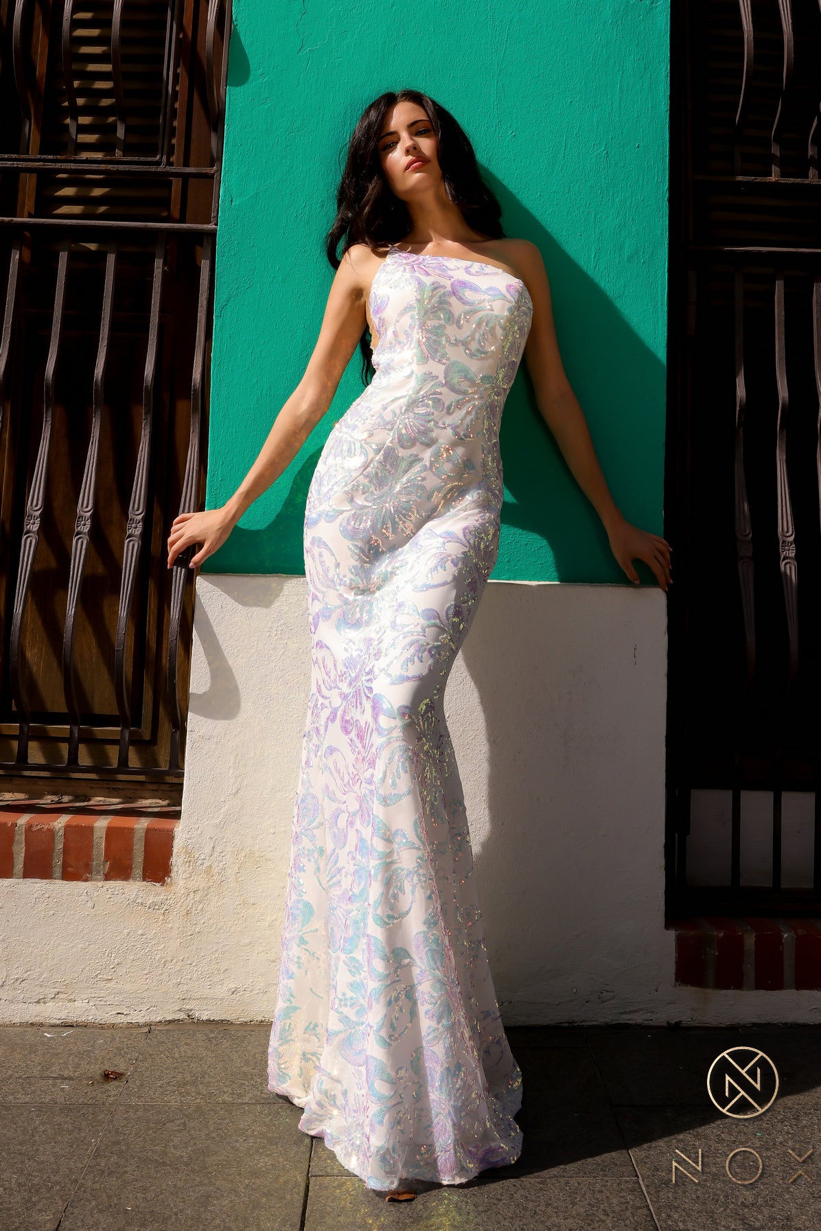 Nox Anabel –R1308 One Shoulder Floral Sequin Dress