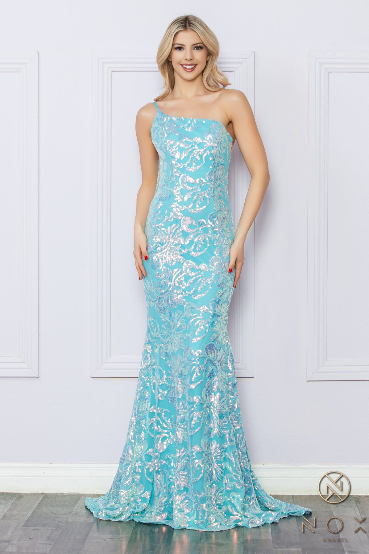 Nox Anabel –R1308 One Shoulder Floral Sequin Dress