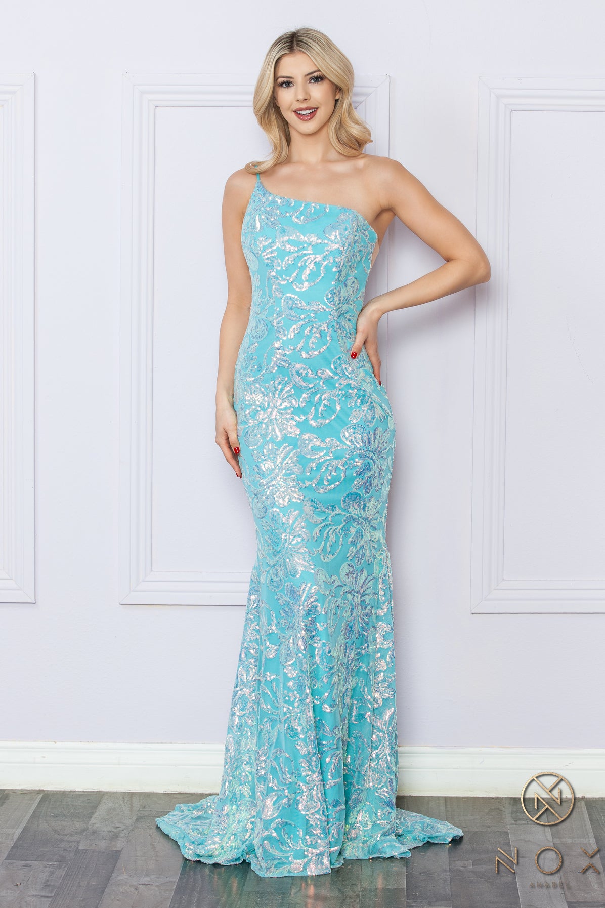 Nox Anabel –R1308 One Shoulder Floral Sequin Dress