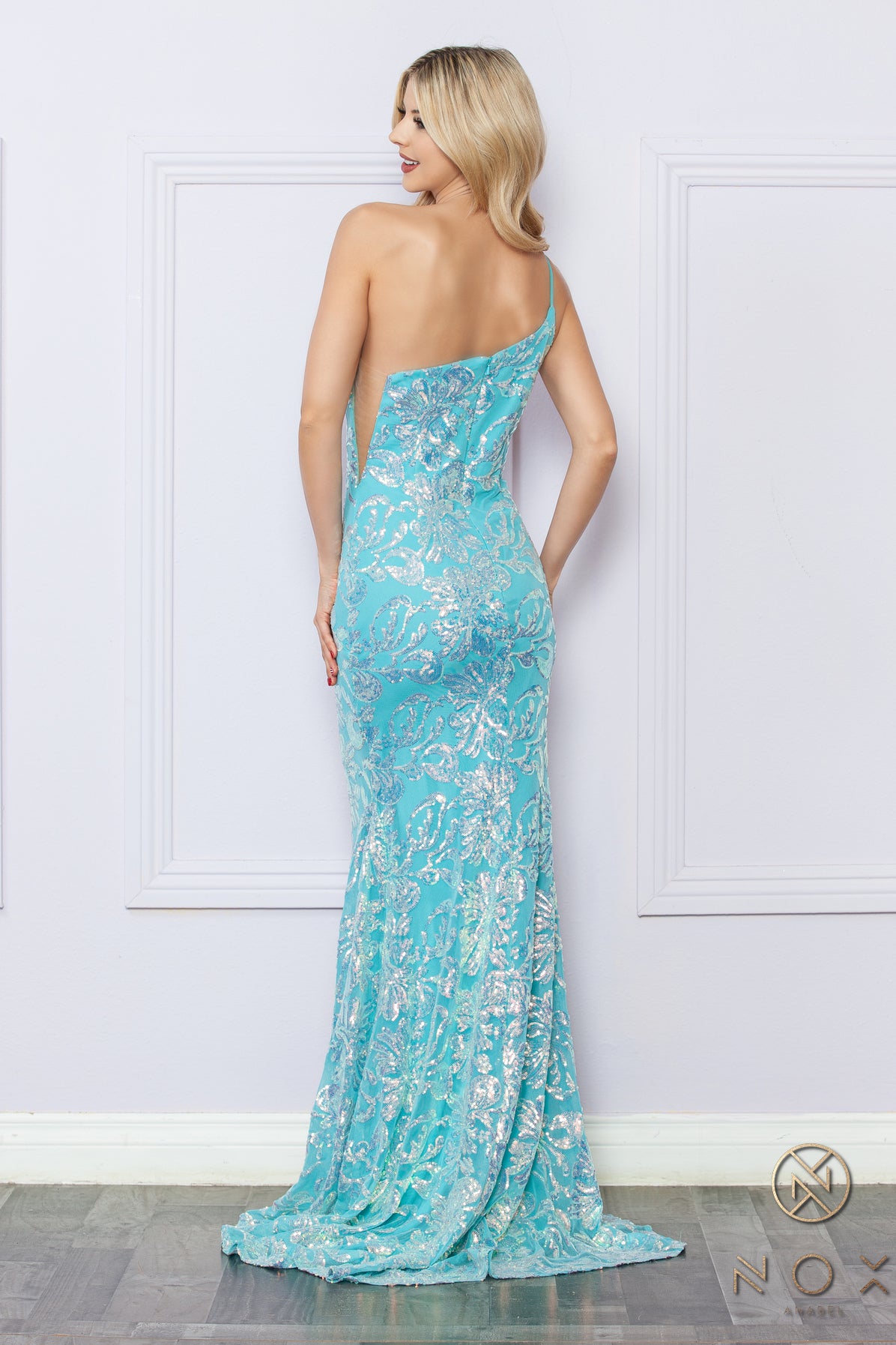 Nox Anabel –R1308 One Shoulder Floral Sequin Dress