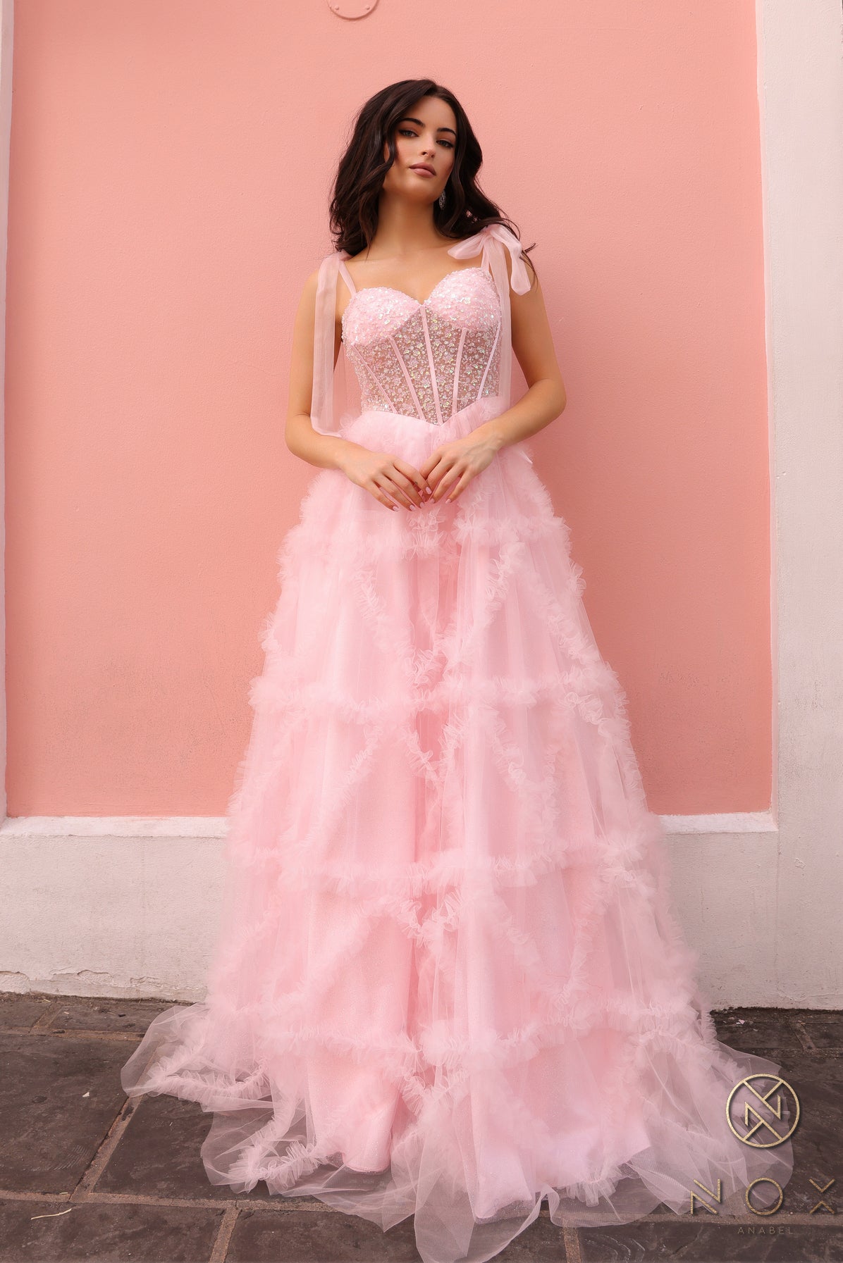 Nox Anabel -T1340 Basque Waist Ruffled A-Line Prom Dress 0 / BLUSH Nox Anabel -T1340 Basque Waist Ruffled A-Line Prom Dress 0 / BLUSH