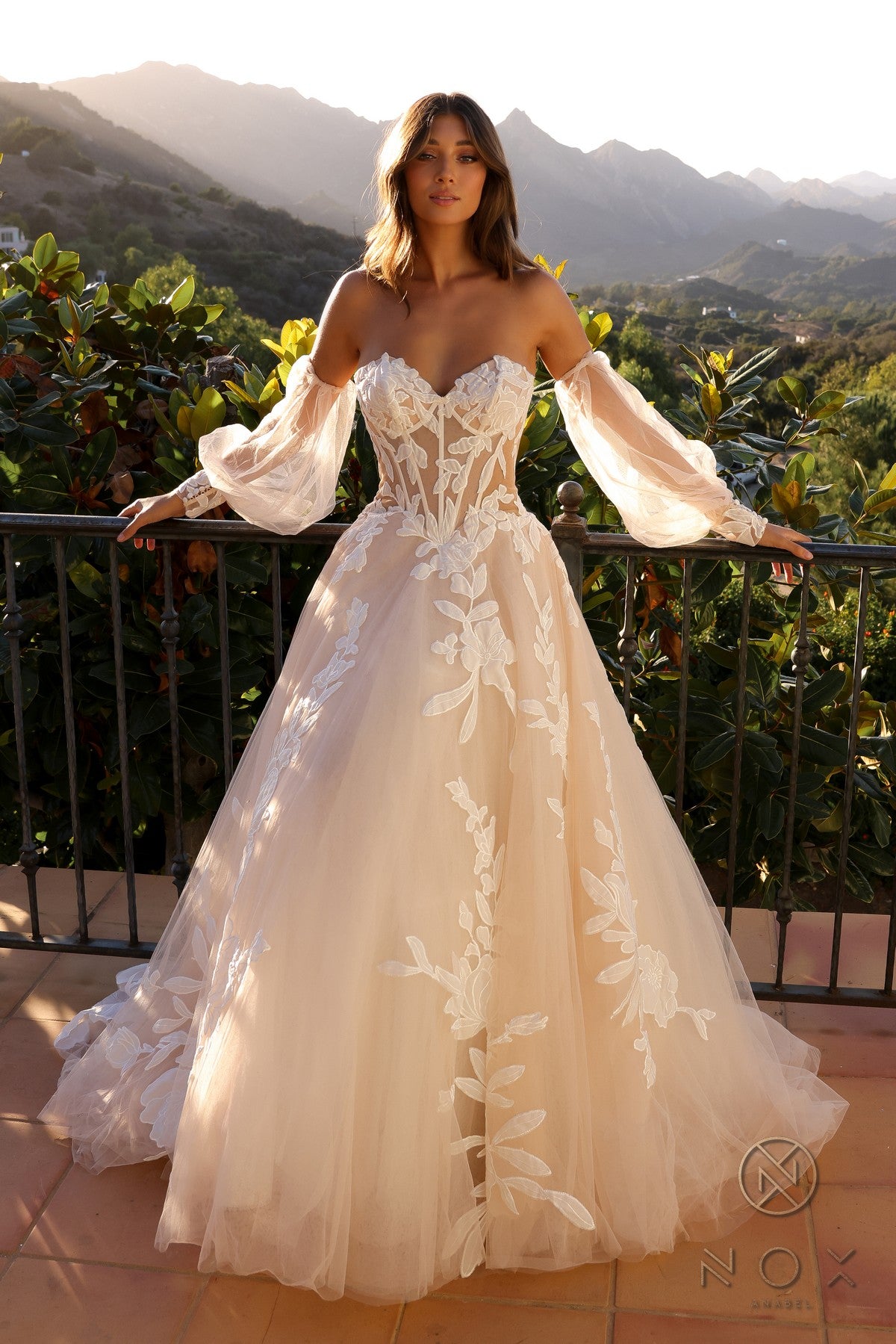 Nox Anabel -JE990L Puff Sleeve Strapless Corset Wedding Gown
