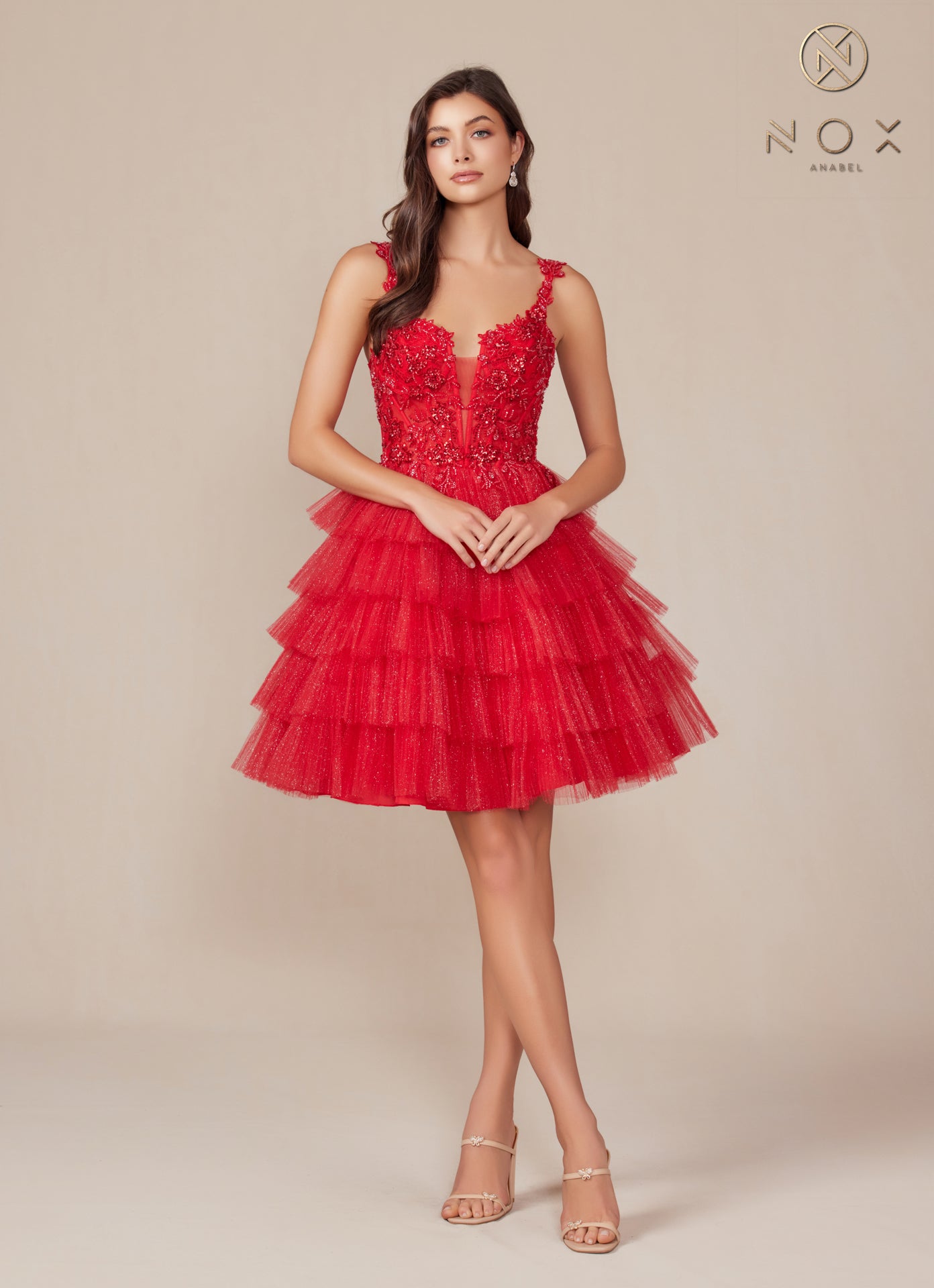 Nox Anabel -E904 Applique Tiered A-Line Short Dress