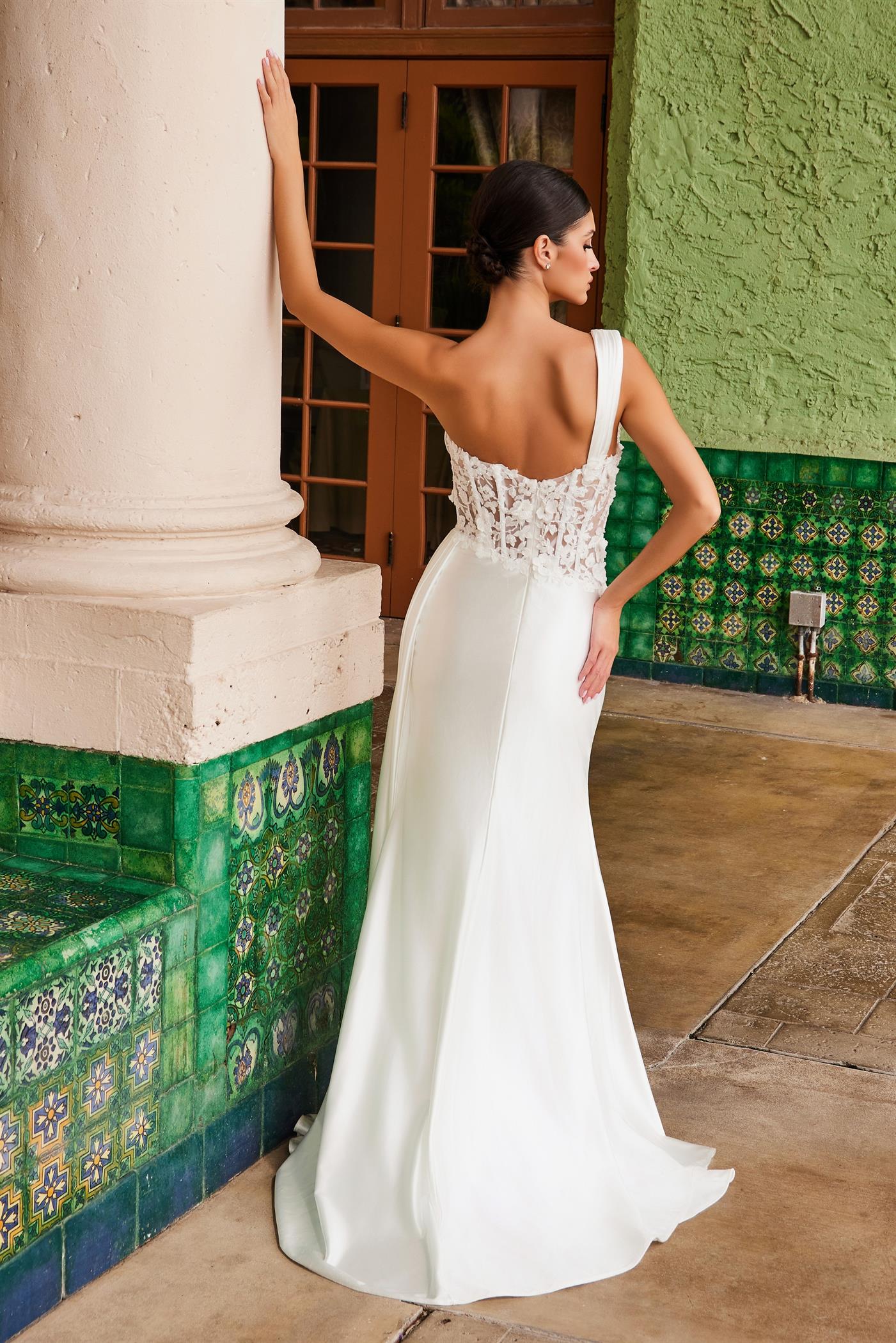 Nox Anabel -E1526W One Shoulder Floral Applique Sheer Bridal Dress