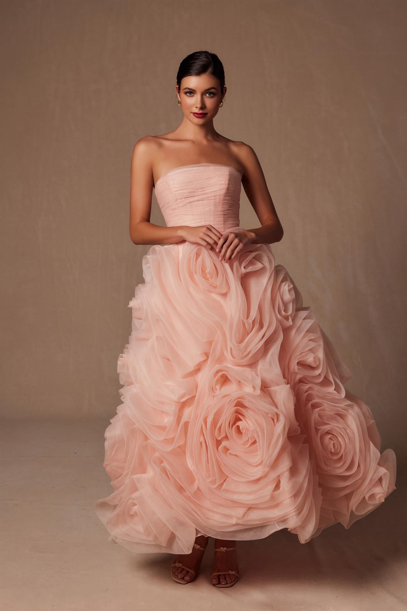 Nox Anabel -JQ1037 Strapless Organza Tea Length Dress