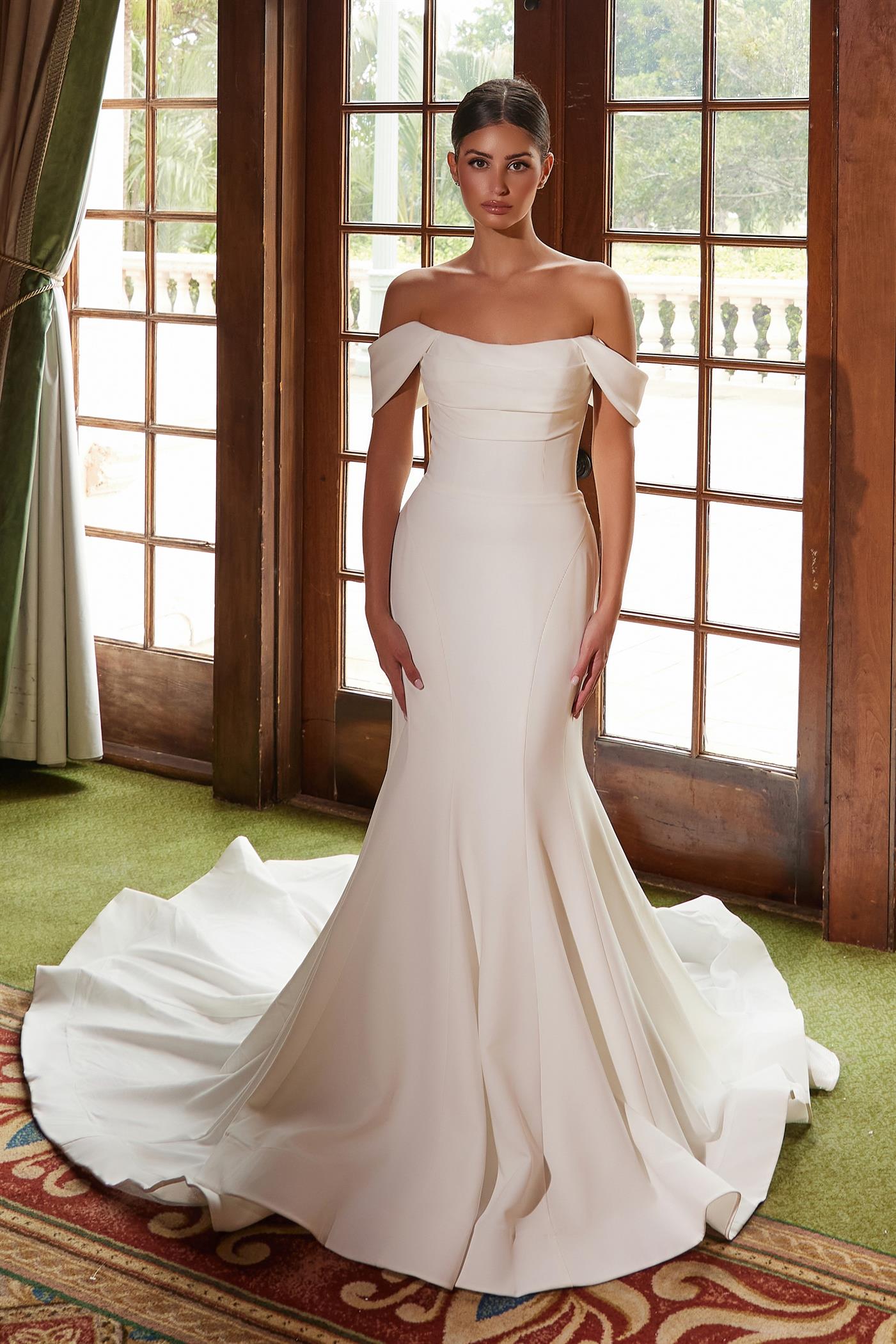 off shoulder satin mermaid wedding dress Nox Anabel JW1032 Prom Dress - White