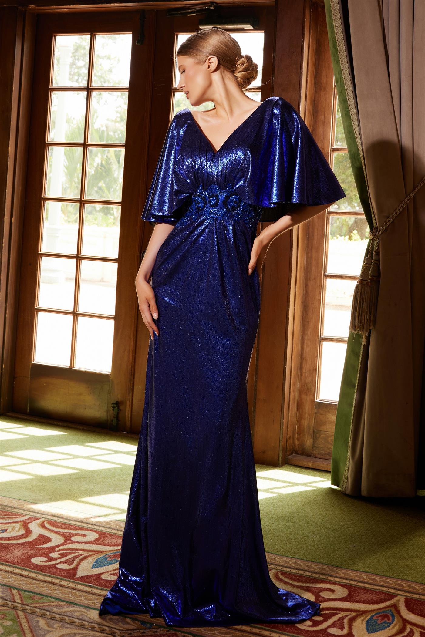 Nox Anabel -MD130 V-Neck Metallic Shimmer Sheath Dress