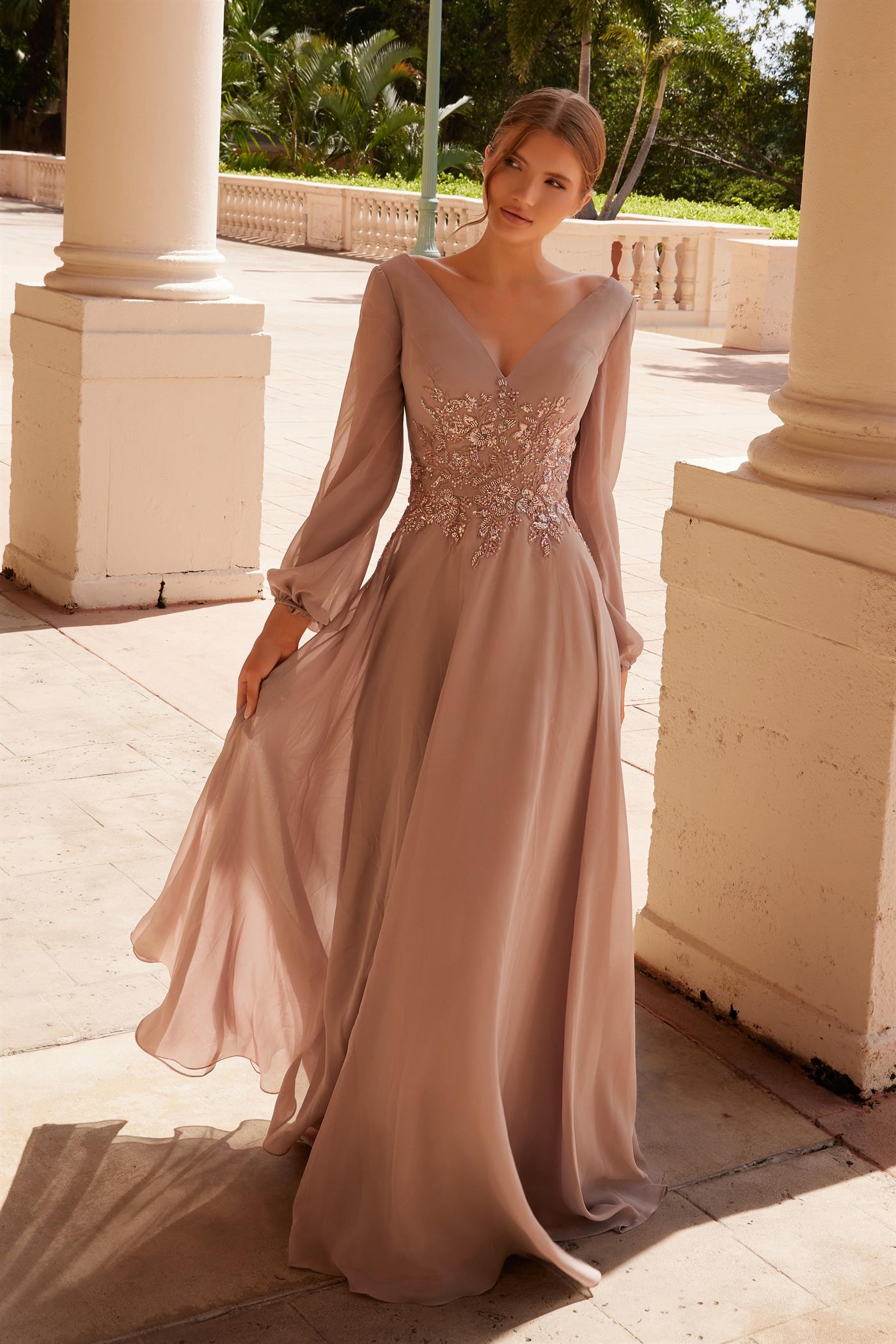 Nox Anabel -ME128 V-Neck Beaded Applique A-Line Dress