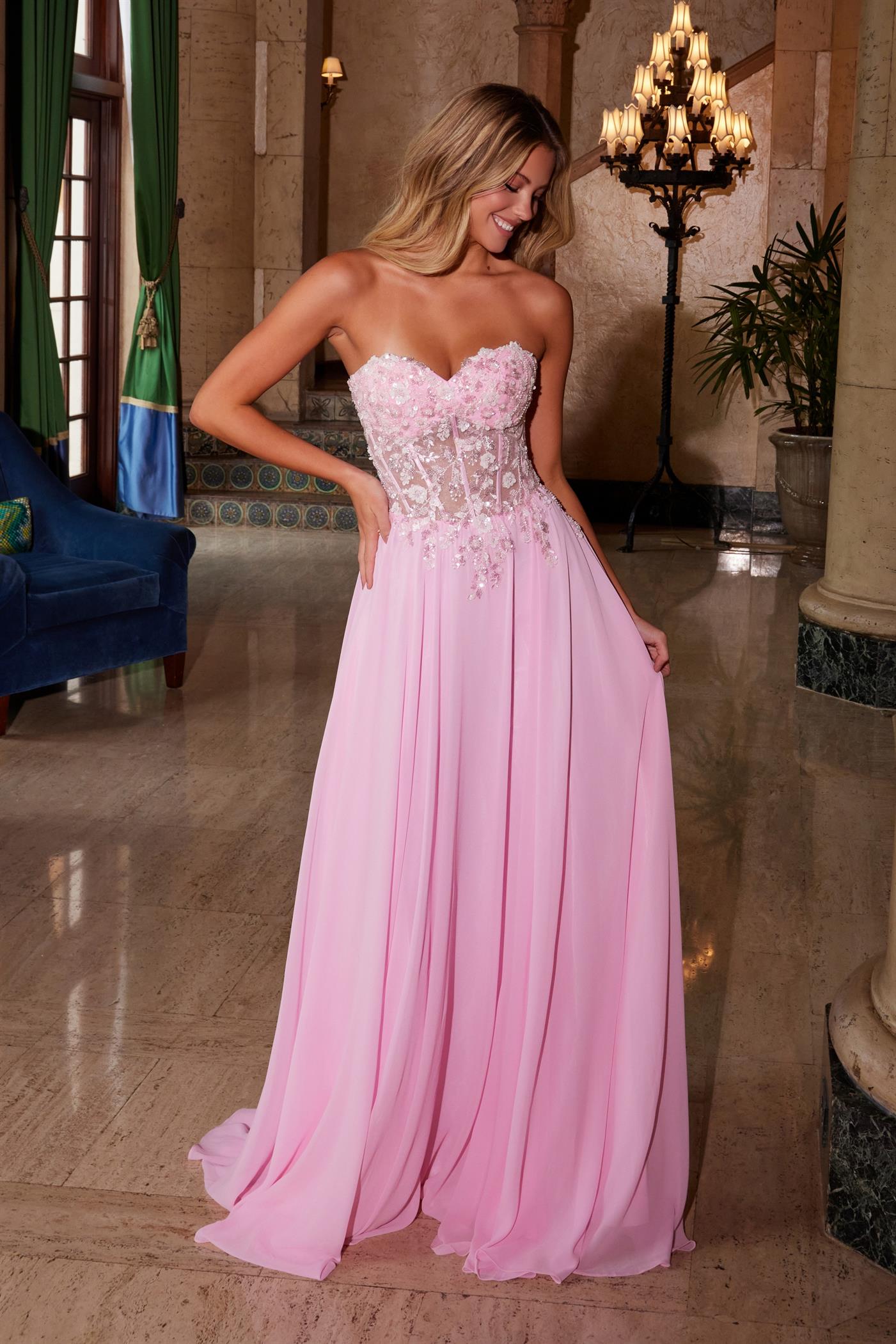 chiffon strapless dress Stacees 2026 Strapless Sage Floral Print A-Line Prom Dress with Beaded Neck