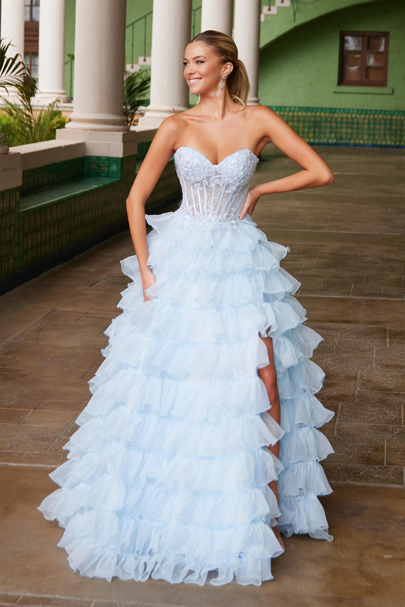 Nox Anabel -R1688 Strapless Applique Layered A-Line Dress