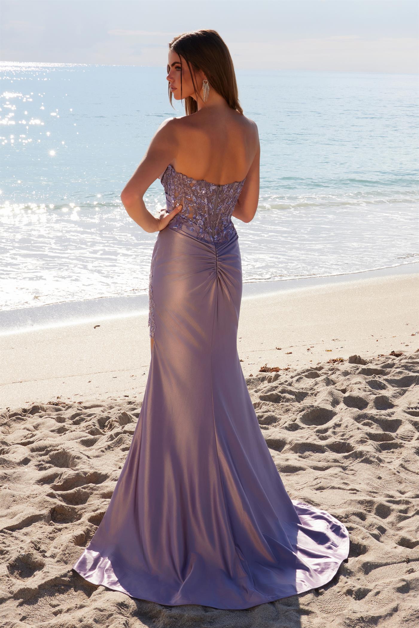 Nox Anabel -E1527 Strapless Applique Sheer Fitted Sheath Dress