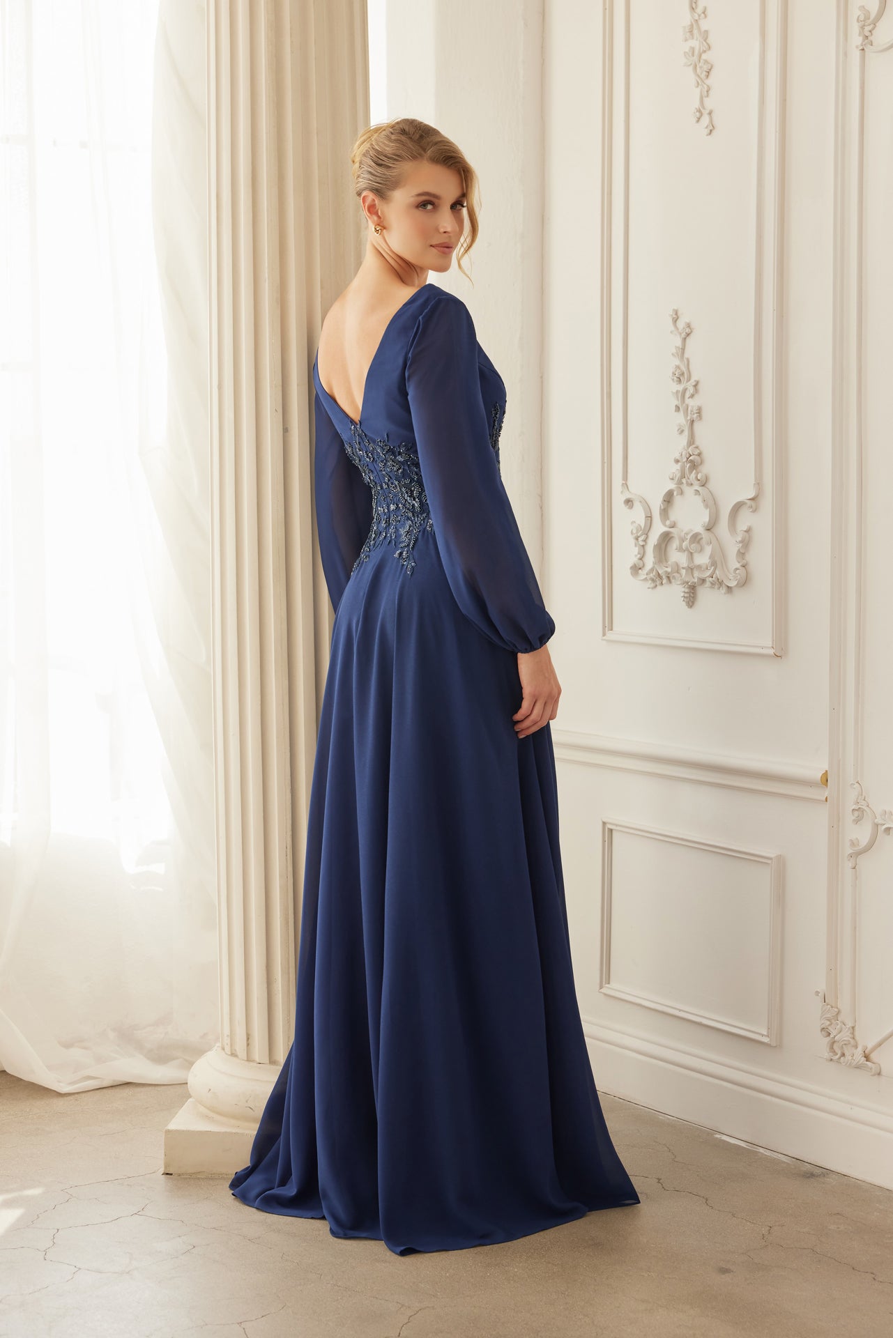 Nox Anabel -ME128 V-Neck Beaded Applique A-Line Dress