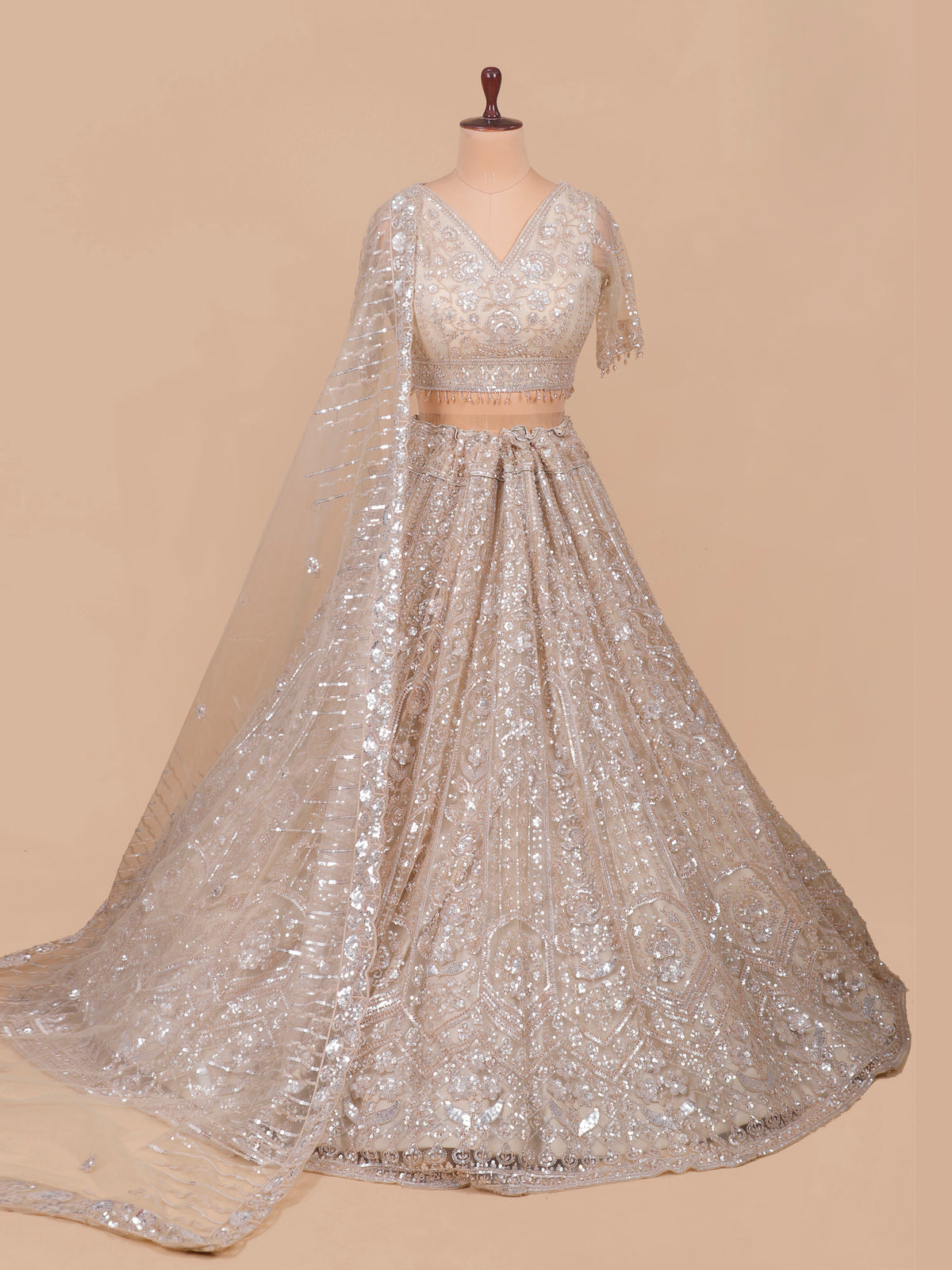 MyFashion KLS-2552 Chickoo Velvet Glow Beads & Sequin Crafted Net Lehenga