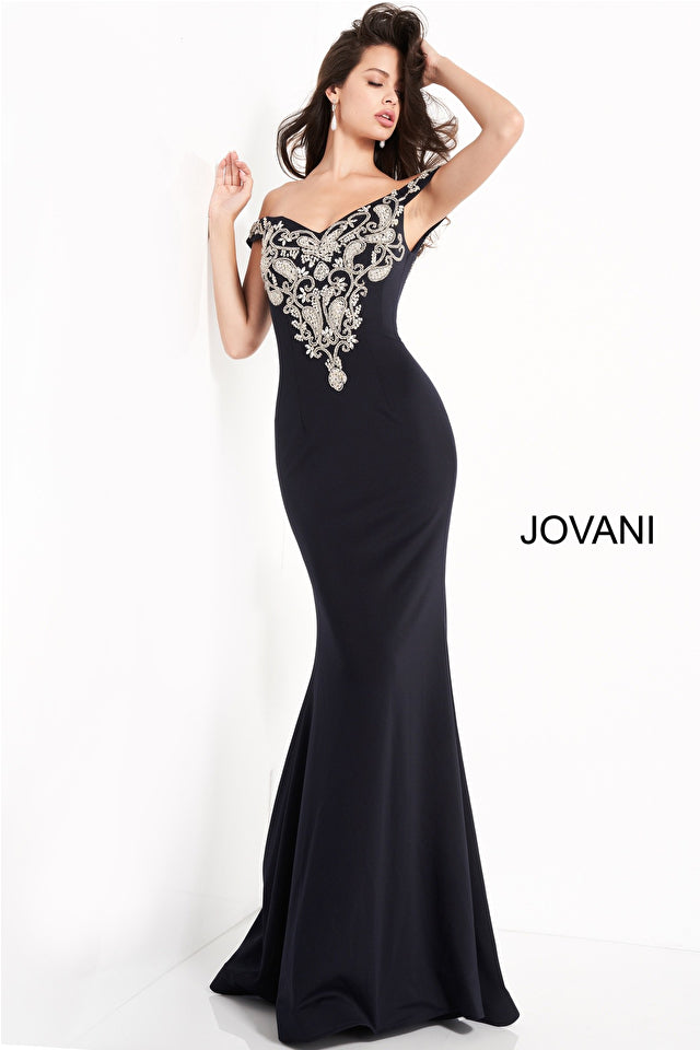 Off The Shoulder Embroidered Evening Dress By Jovani -02576B