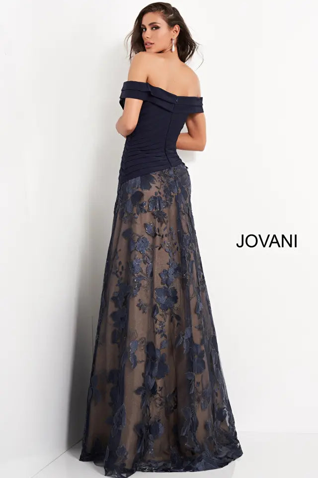 Jovani -02852 Off Shoulder Pleated Bodice Embroidered Gown