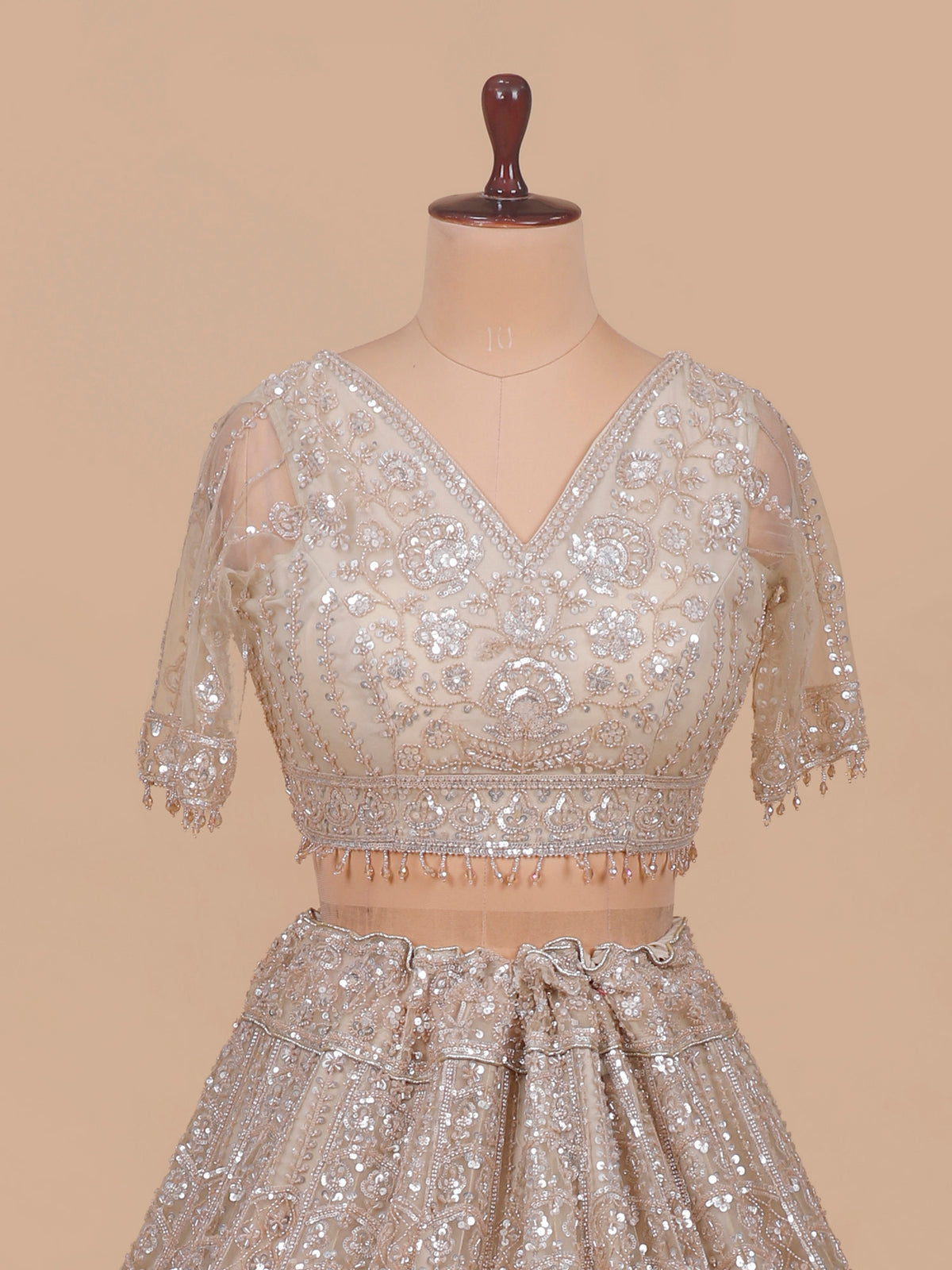 MyFashion KLS-2552 Chickoo Velvet Glow Beads & Sequin Crafted Net Lehenga