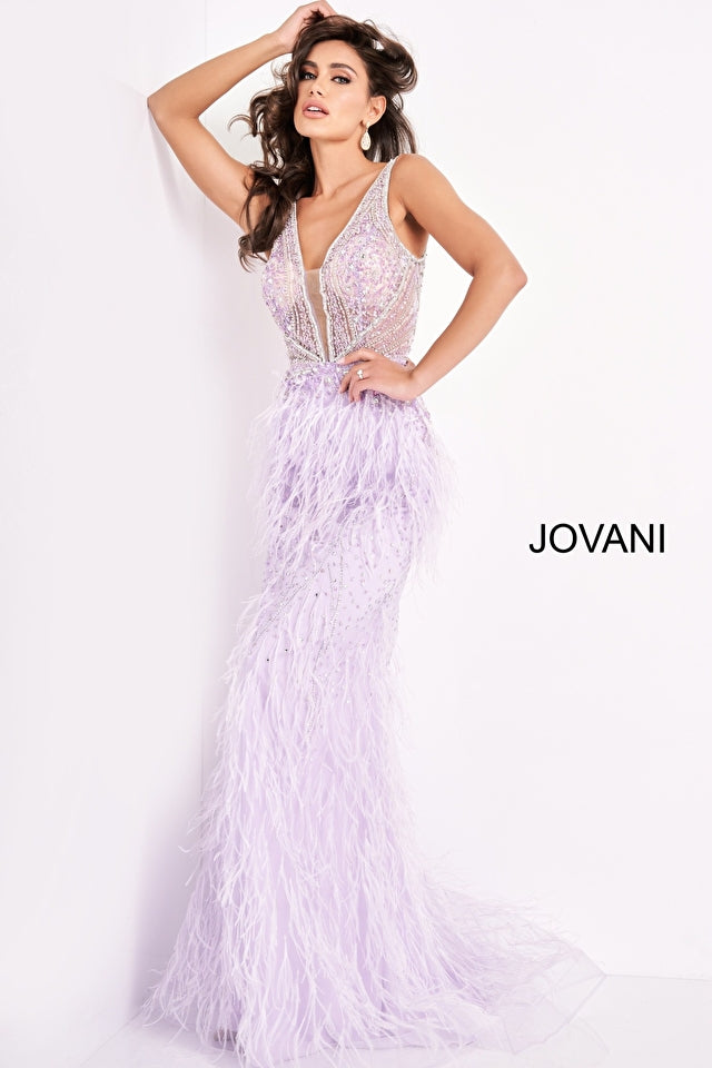 Sheer Embellished Bodice Feather Prom Dress By Jovani -03023