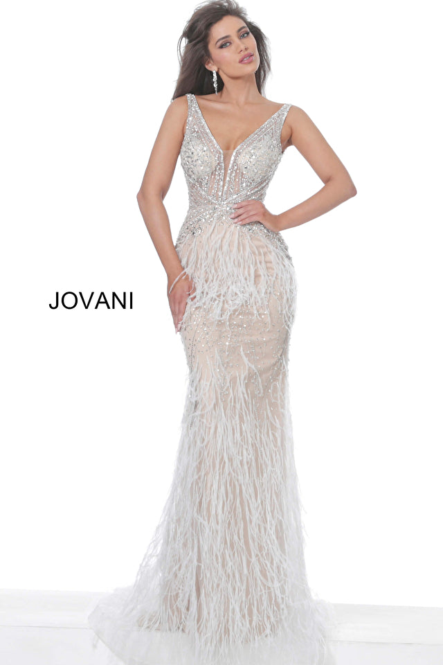 Sheer Embellished Bodice Feather Prom Dress By Jovani -03023
