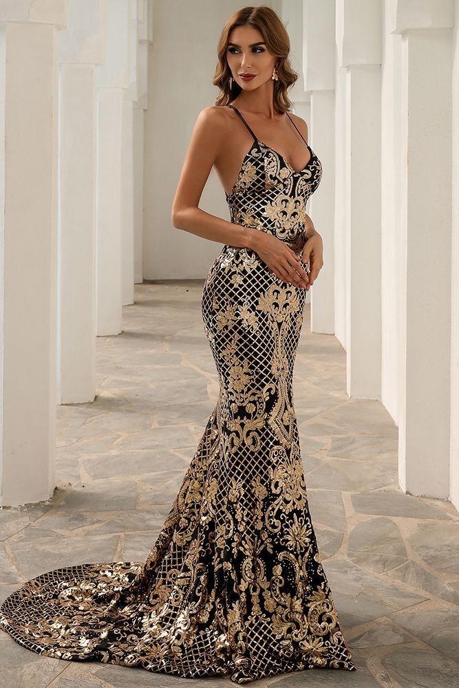 Azina -M01086 Sequin Spaghetti Strap V Neck Evening Dress