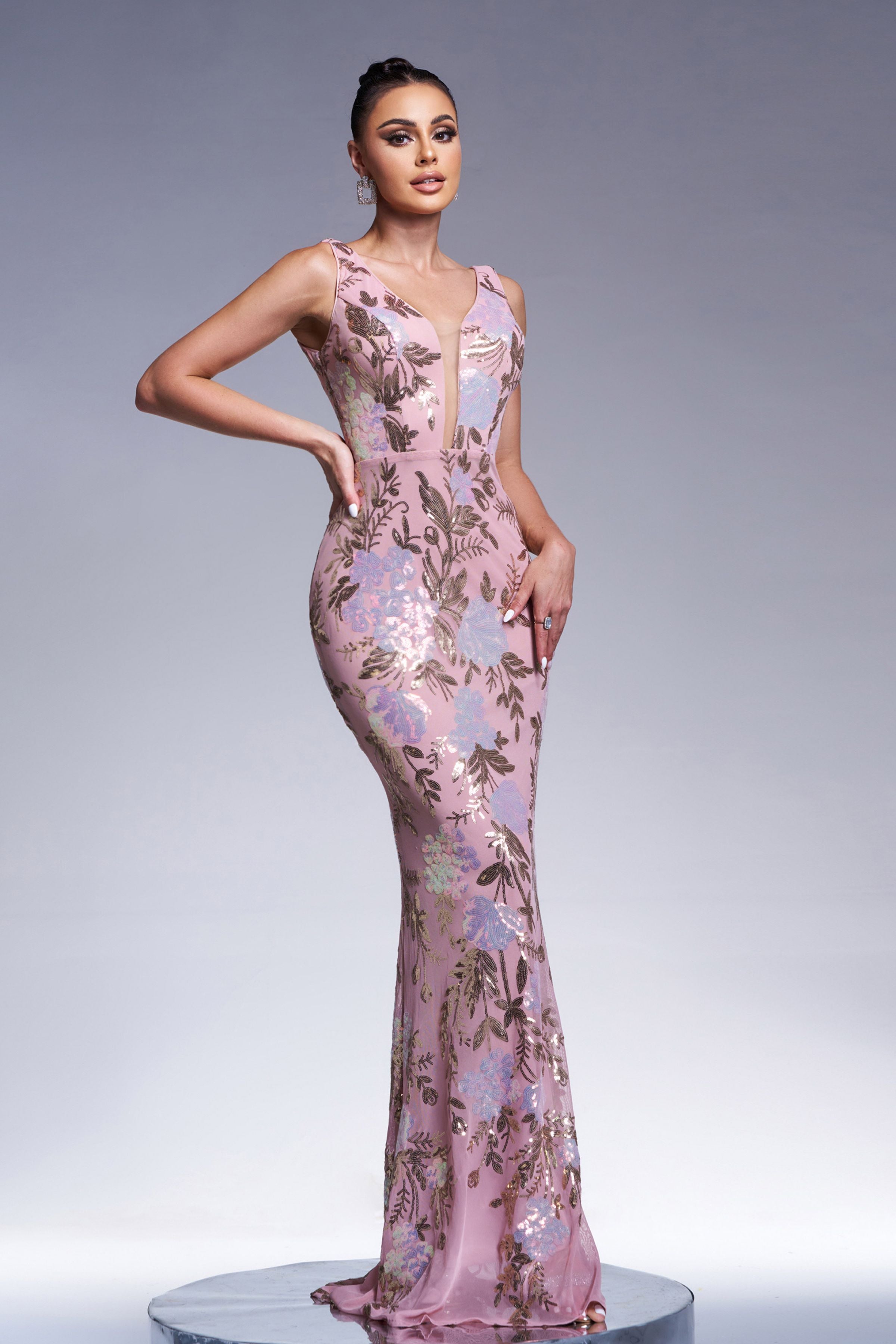 Azina -XJ1986 Floral Sleeveless Sequin Evening Dress