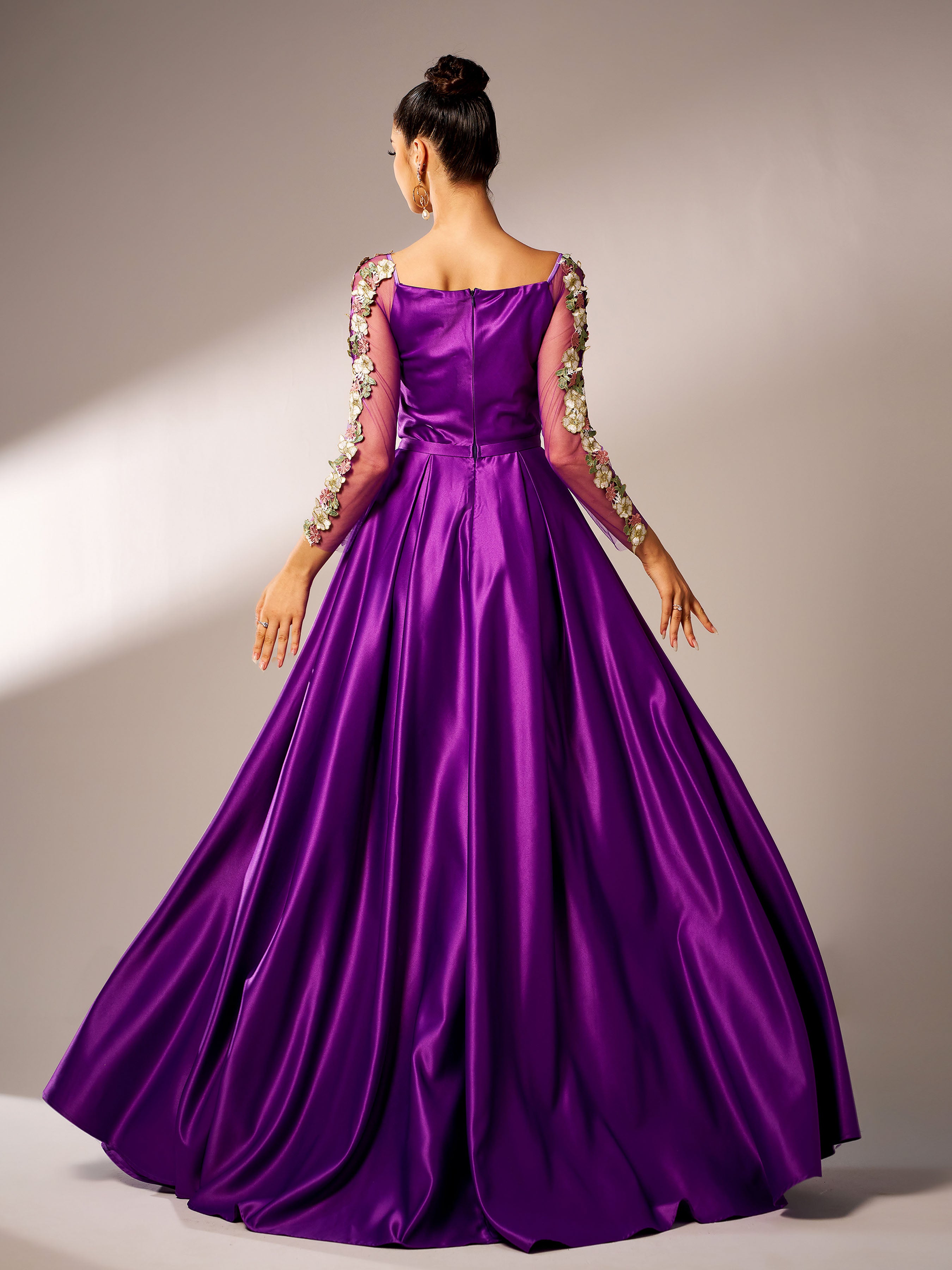 Azina -GM90144 Long Sleeve Square Satin A-line Gown