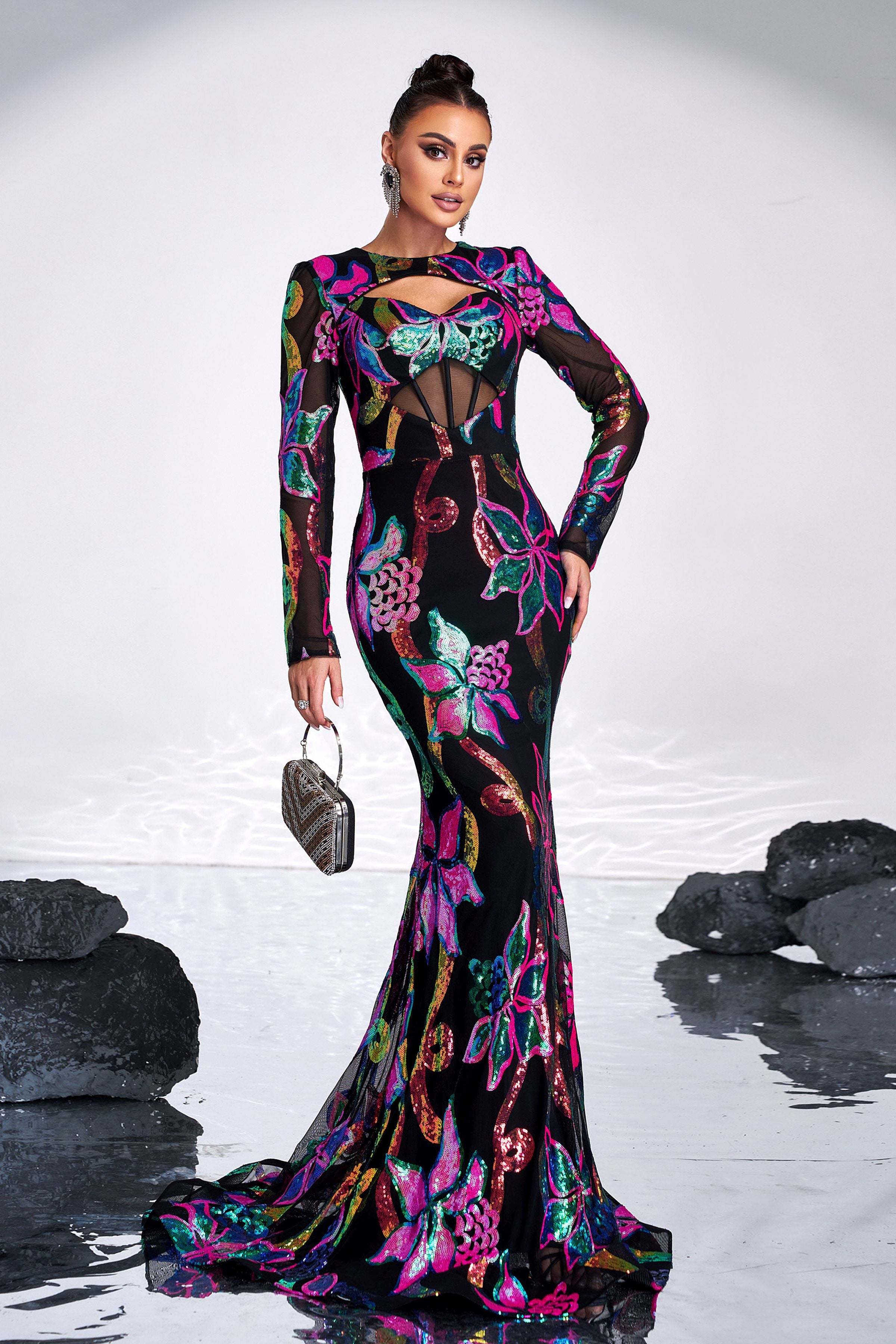 Azina -DH80214 Long Sleeves Dress With Colorful Sequins