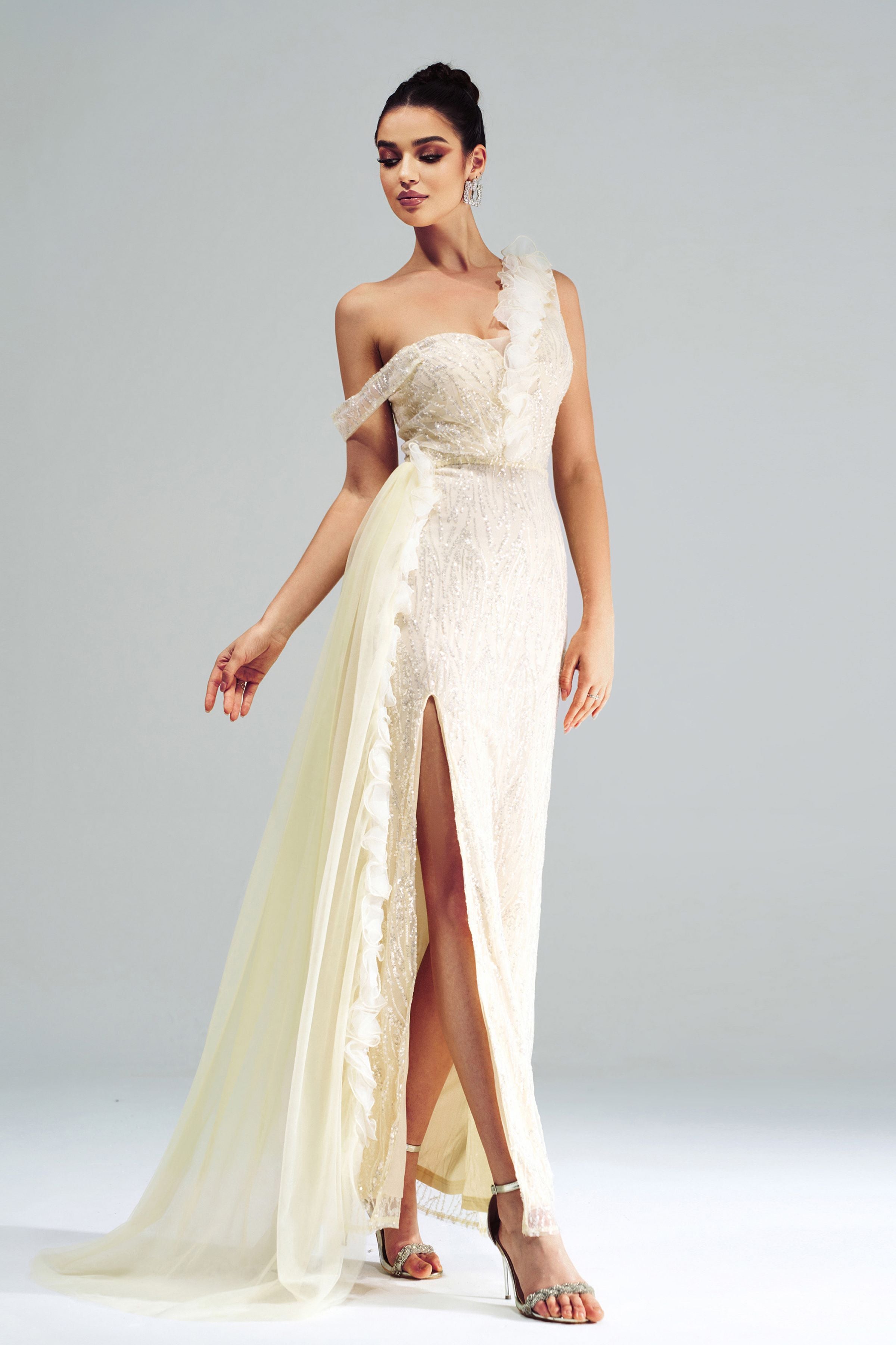 Azina -GM00215 Spaghetti Strap Appliqued Floral Split Dress