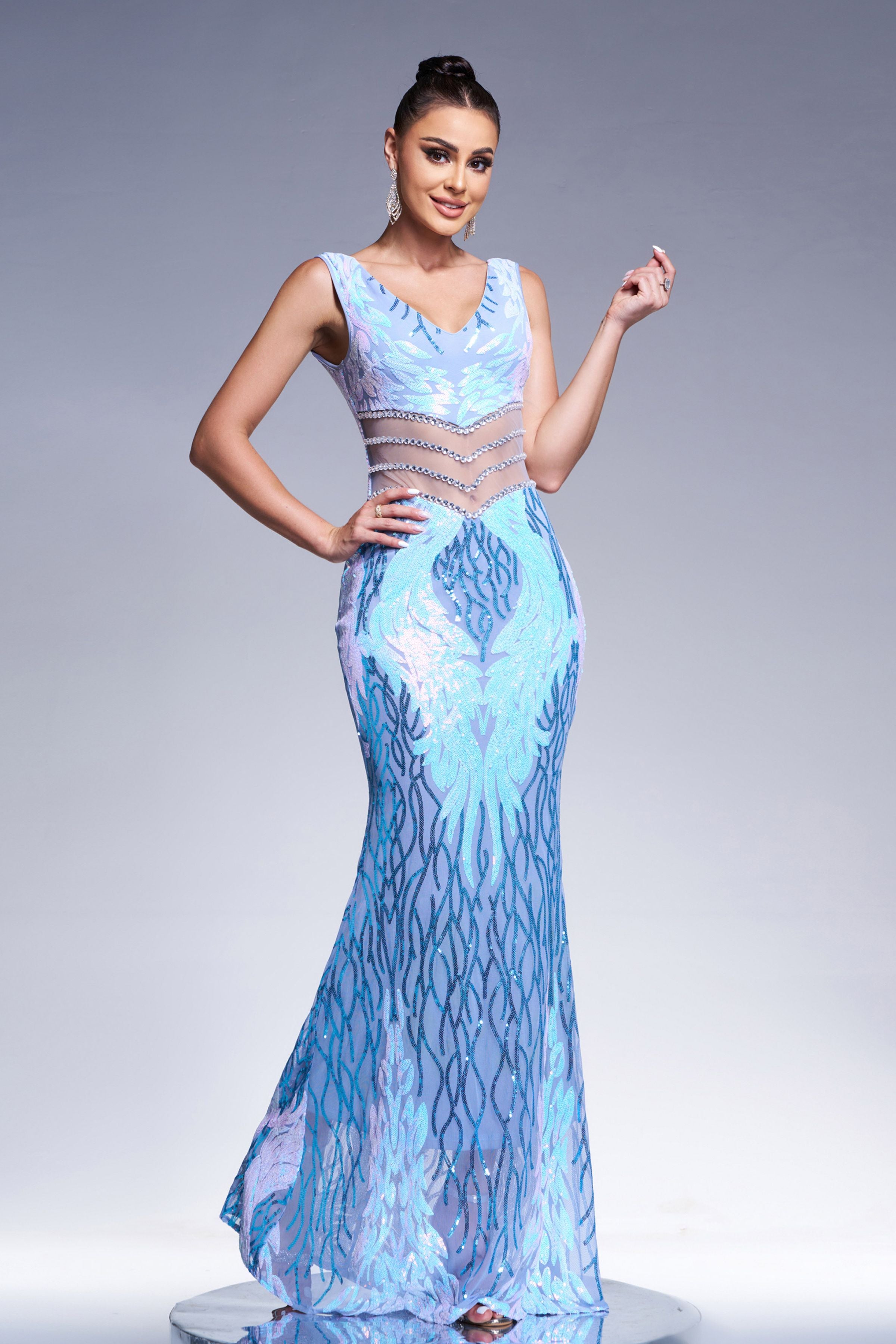 Azina -M01080 V-neck Sequin Mermaid Prom Dress