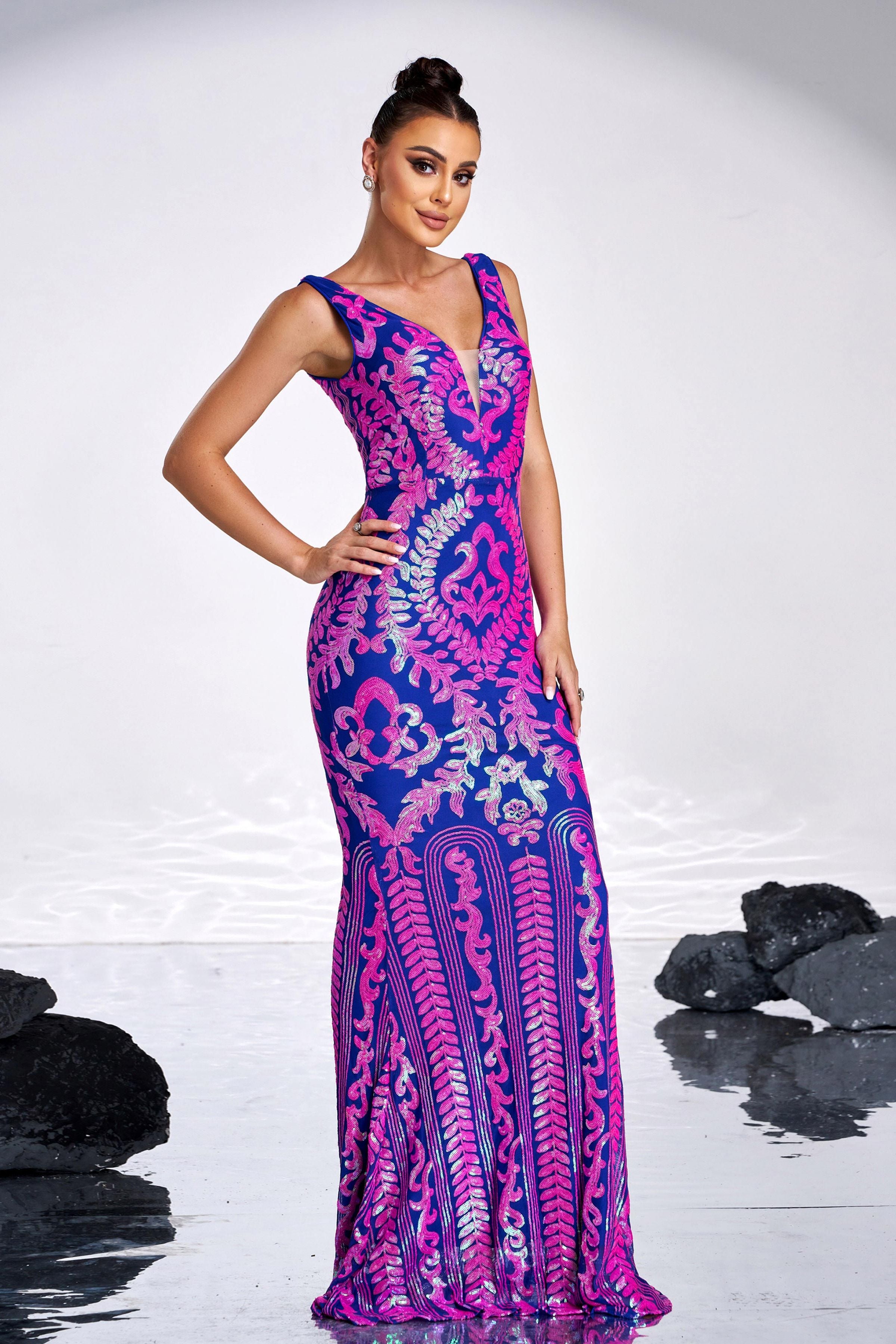 Azina -XJ2305 V Neck Sleeveless Tribal Sequin Dress