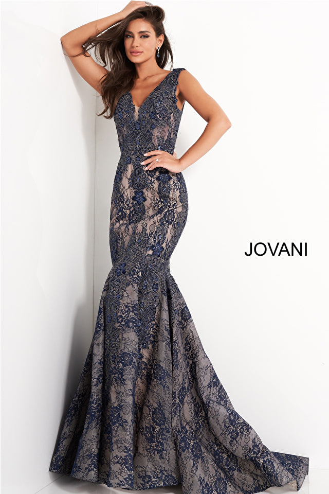 Lace V Neck Mermaid Evening Dress By Jovani -04585B