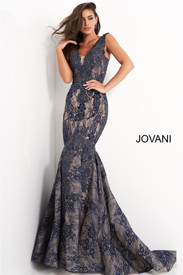 Lace V Neck Mermaid Evening Dress By Jovani -04585B