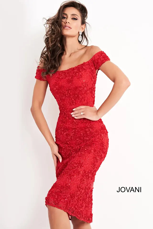 Jovani -04763 Off-Shoulder Lace Sheath Knee-Length Dress