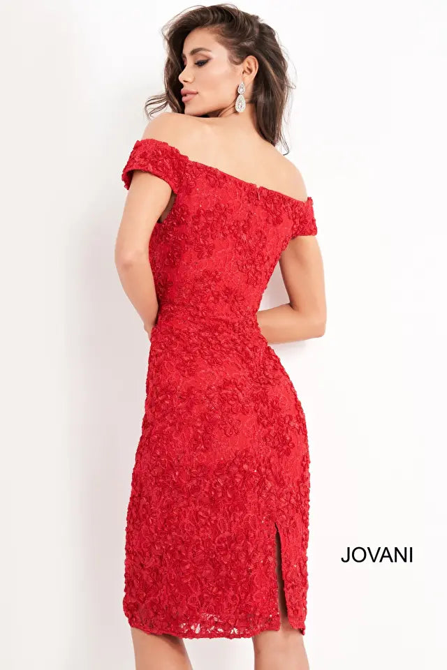 Jovani -04763 Off-Shoulder Lace Sheath Knee-Length Dress