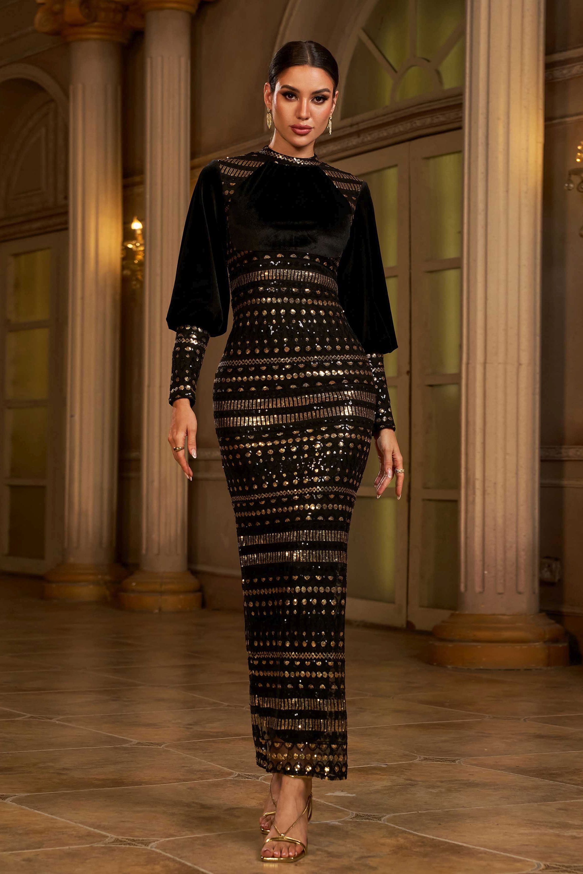 Azina -XJ1779 Round Neck Sequined Evening Dress