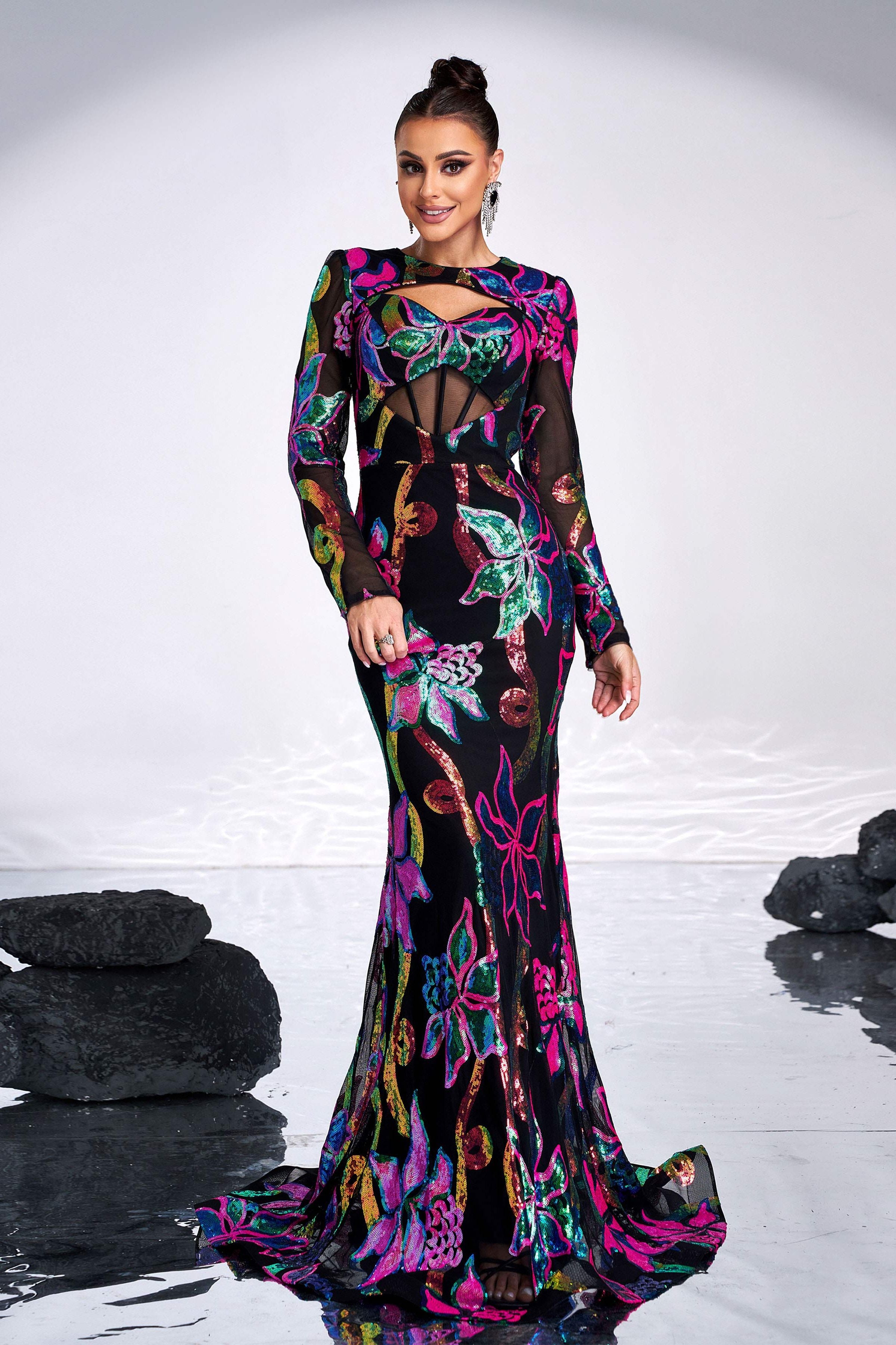 Azina -DH80214 Long Sleeves Dress With Colorful Sequins