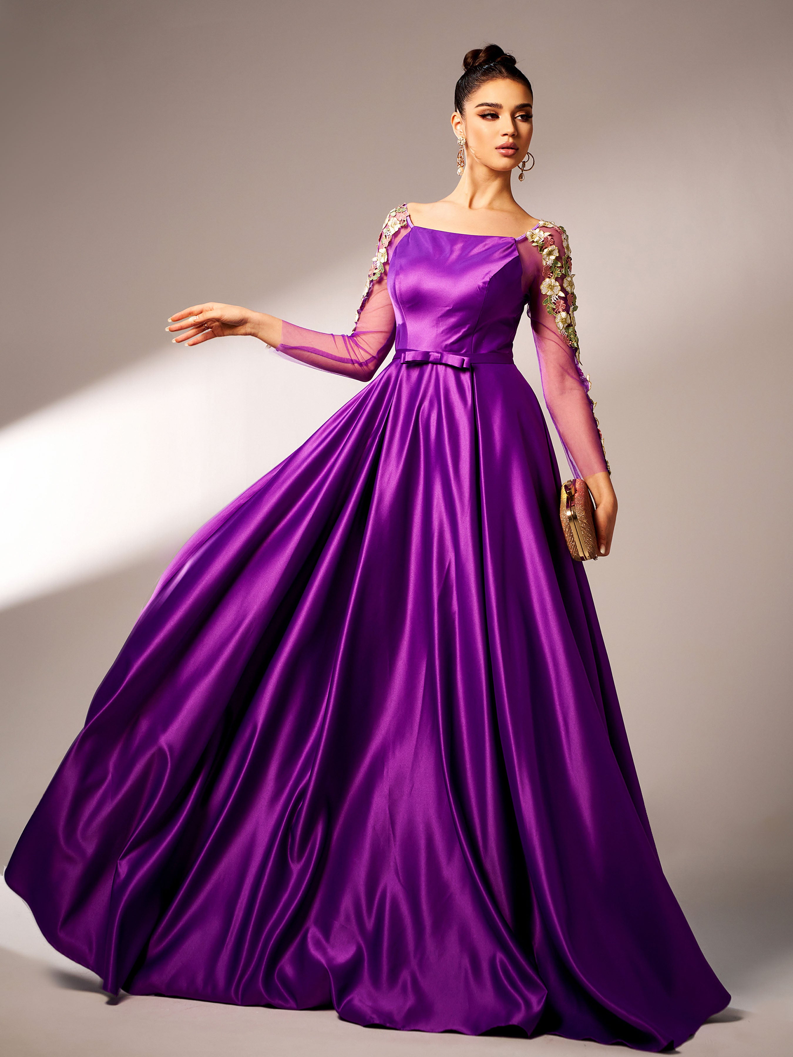 Azina -GM90144 Long Sleeve Square Satin A-line Gown