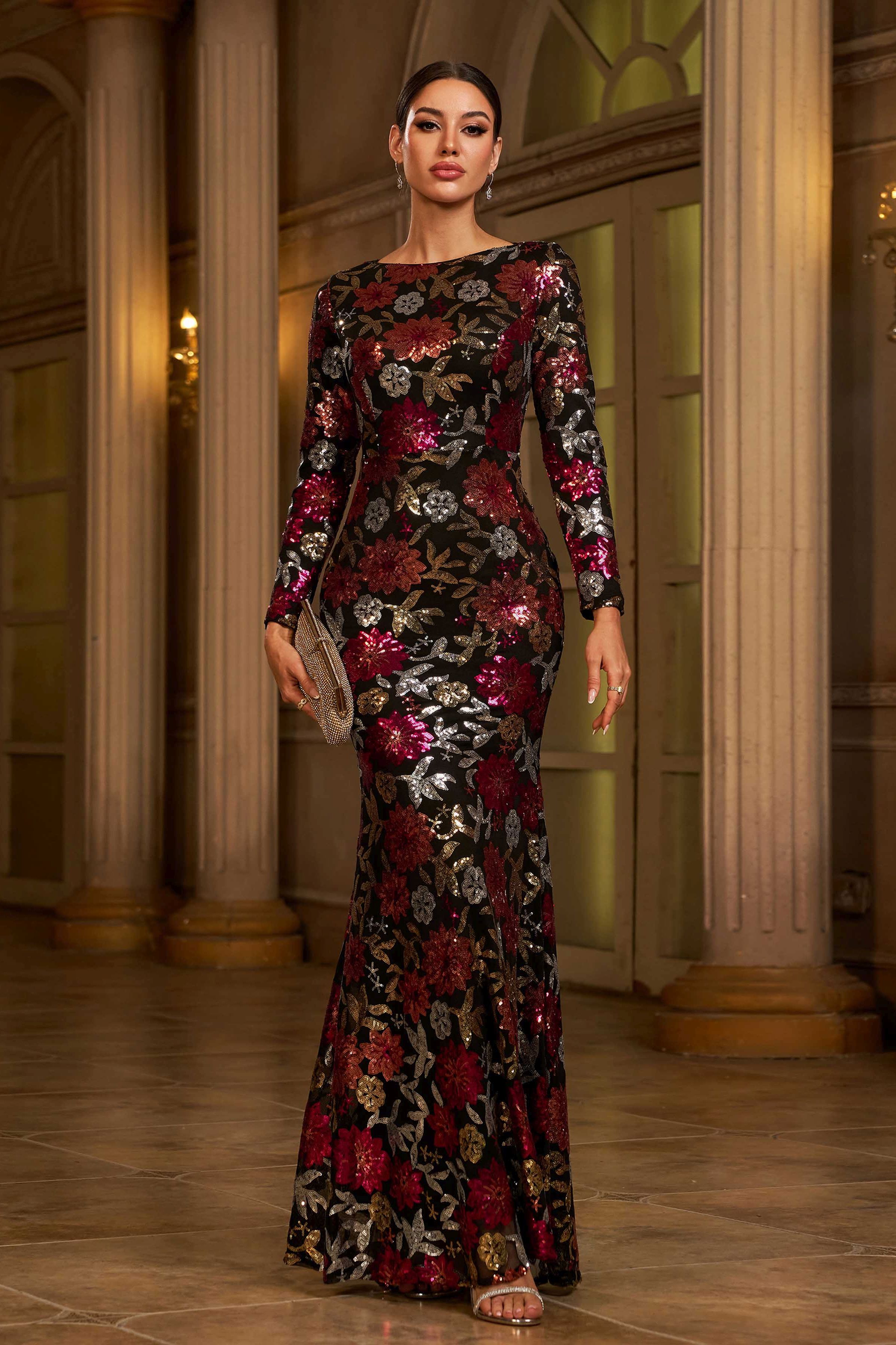 Azina -RJ10987 Long Sleeved Sequin Mermaid Evening Dress