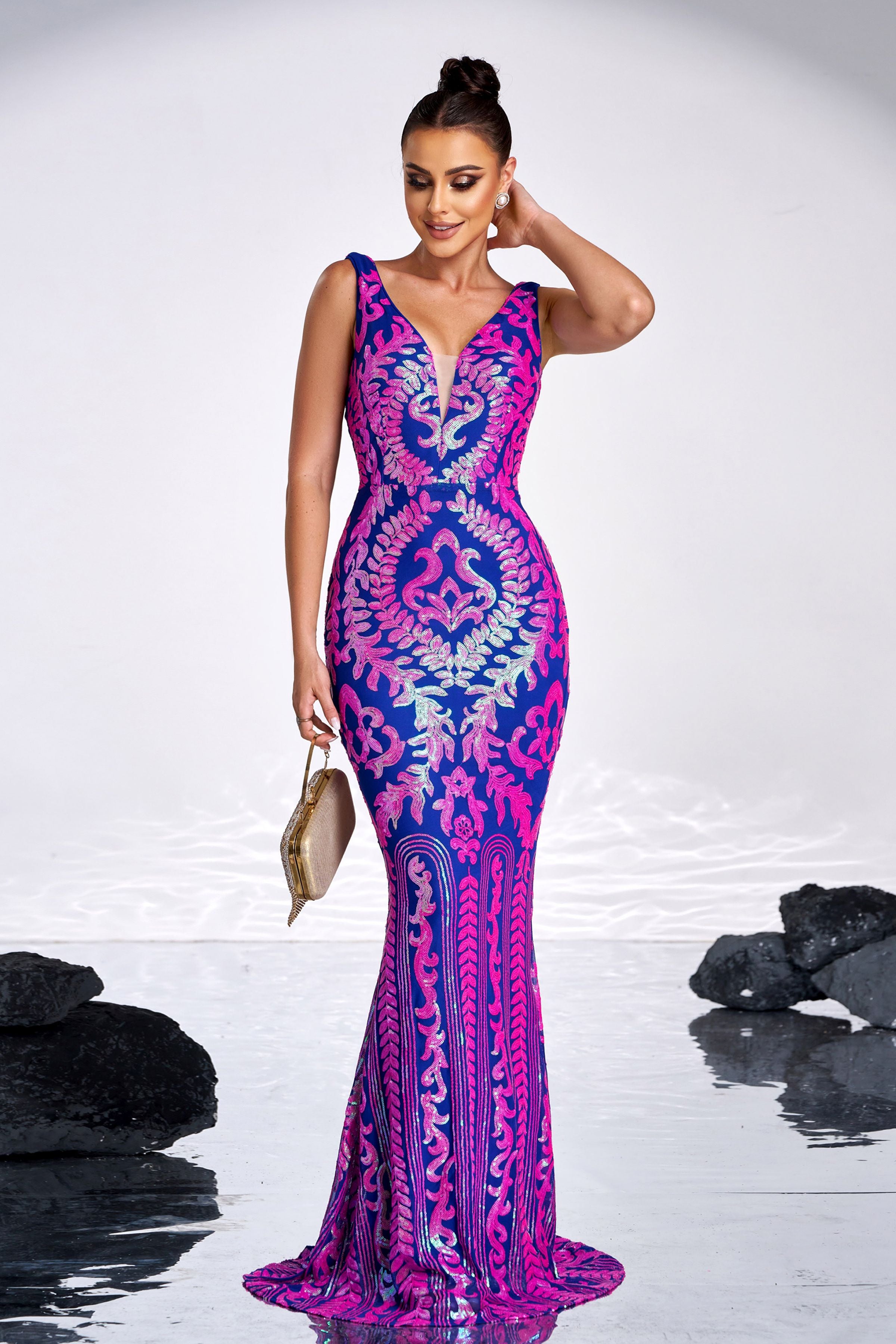 Azina -XJ2305 V Neck Sleeveless Tribal Sequin Dress