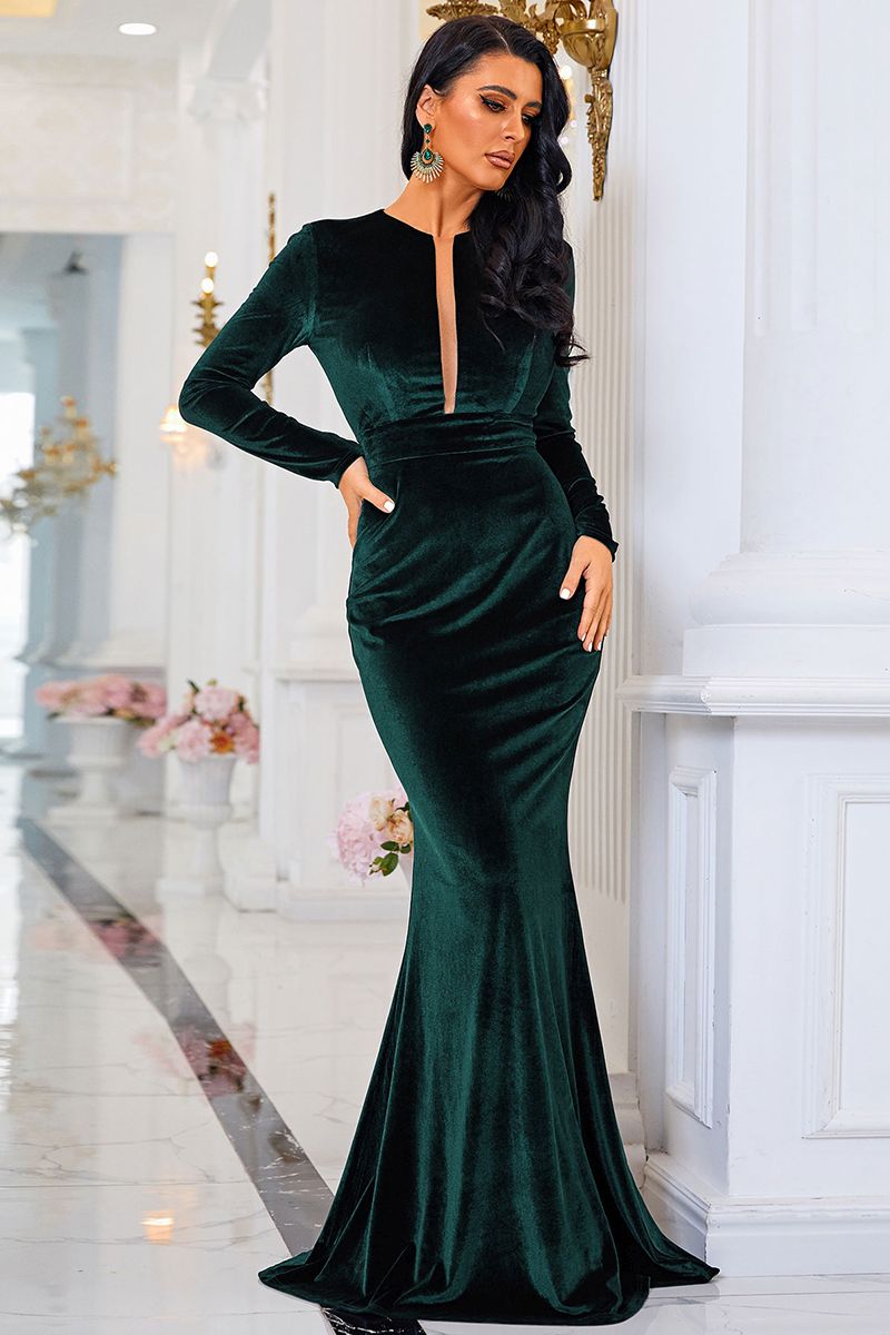 Azina -XJ940 Mesh Insert Velvet Prom Dress