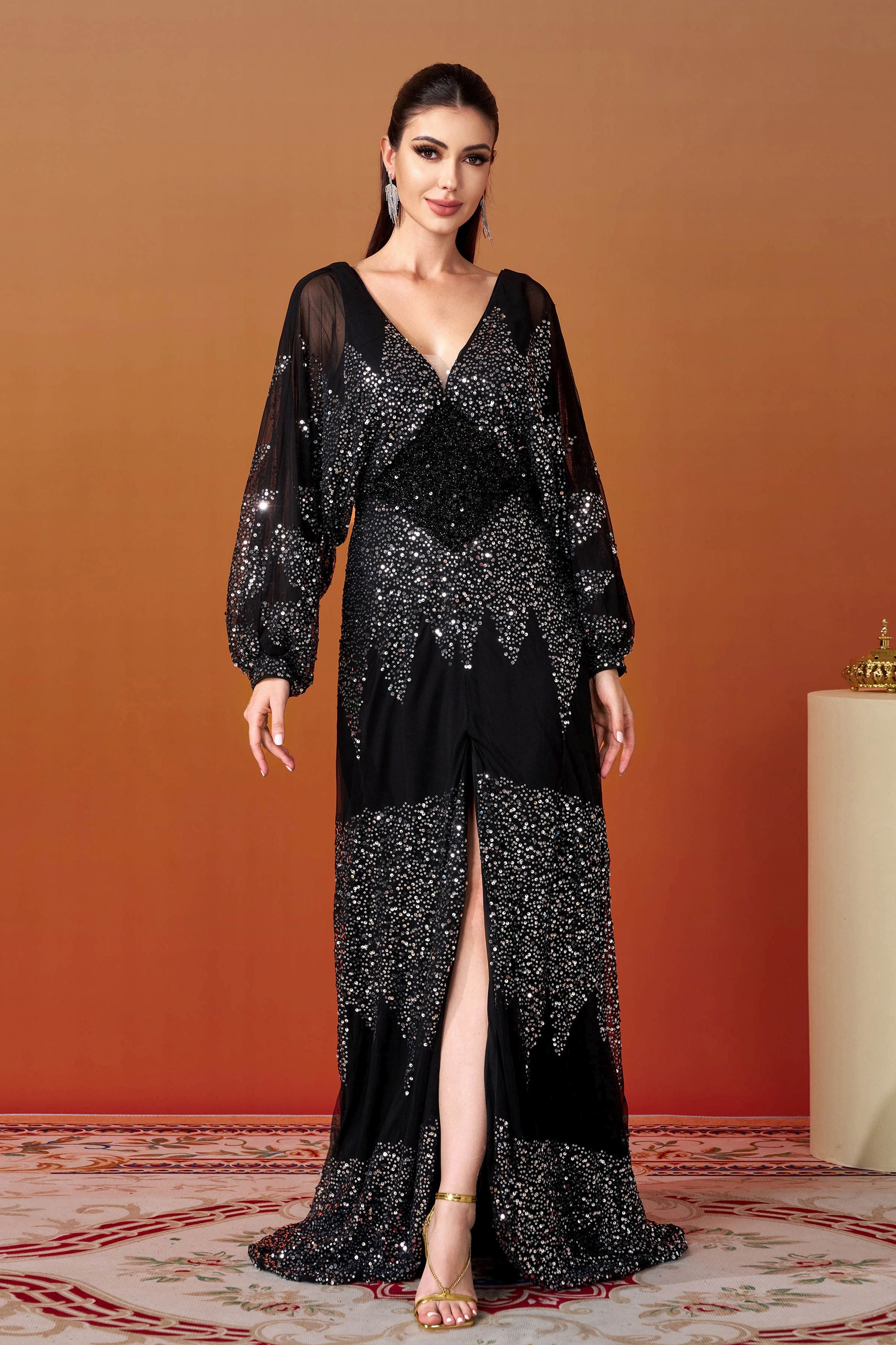 Azina -RM21107 V-Neck Sleeve Sequin Gown